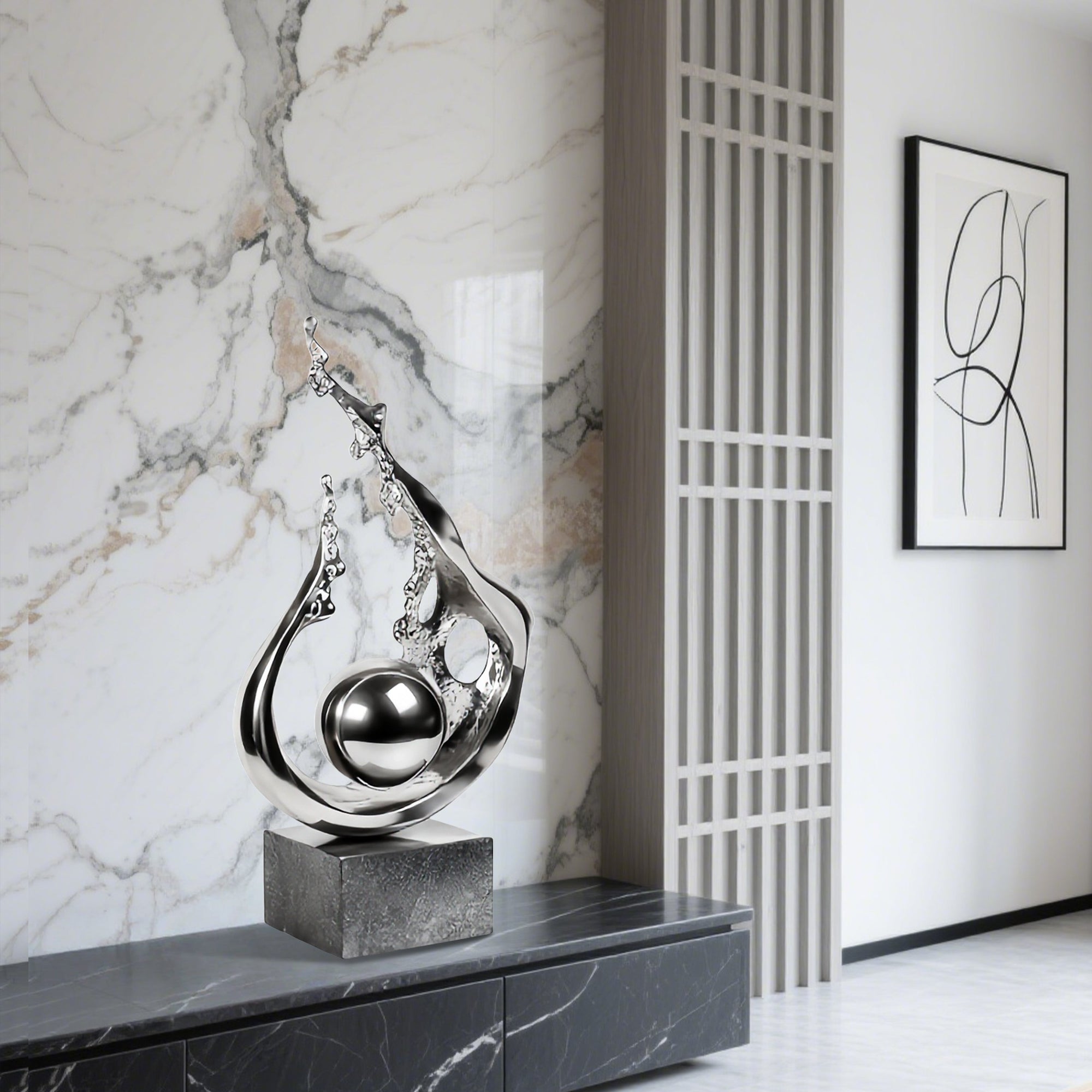 Decorative sculpture on a marble surface with a modern interior setting