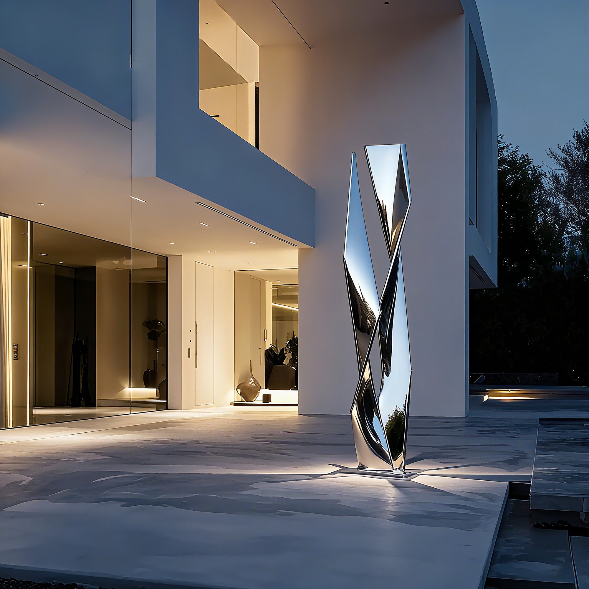 Modern sculpture in front of a contemporary house