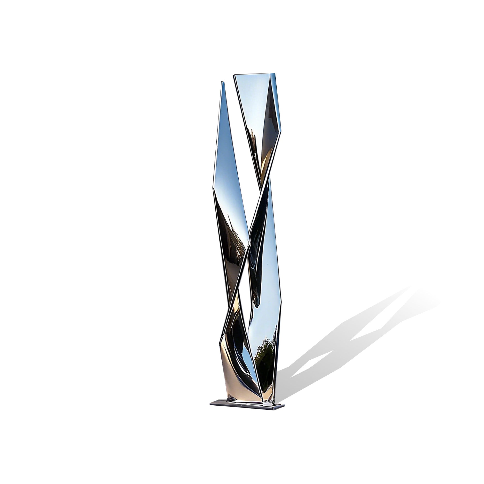 Sleek, modern silver sculpture on a white background