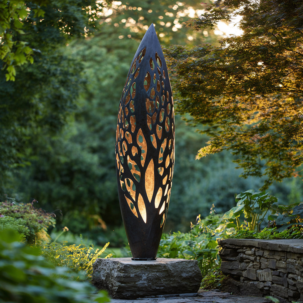 Decorative outdoor lamp sculpture with cut-out patterns on a stone pedestal in a garden setting.