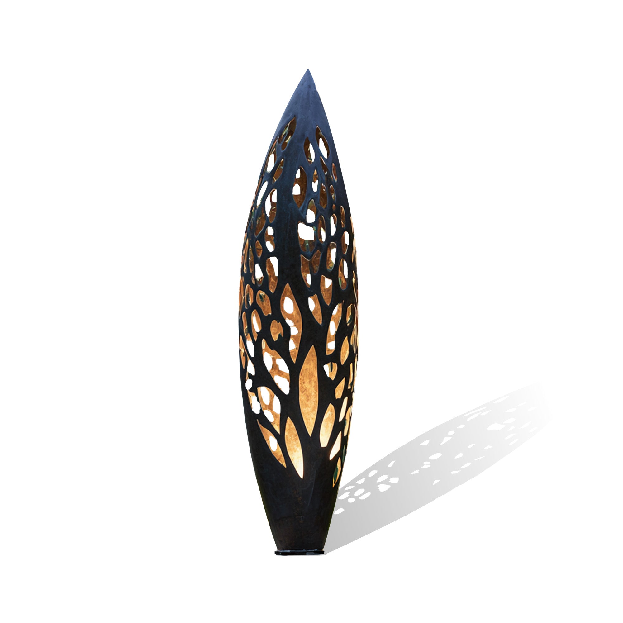 Decorative outdoor lamp sculpture with cut-out design on a white background
