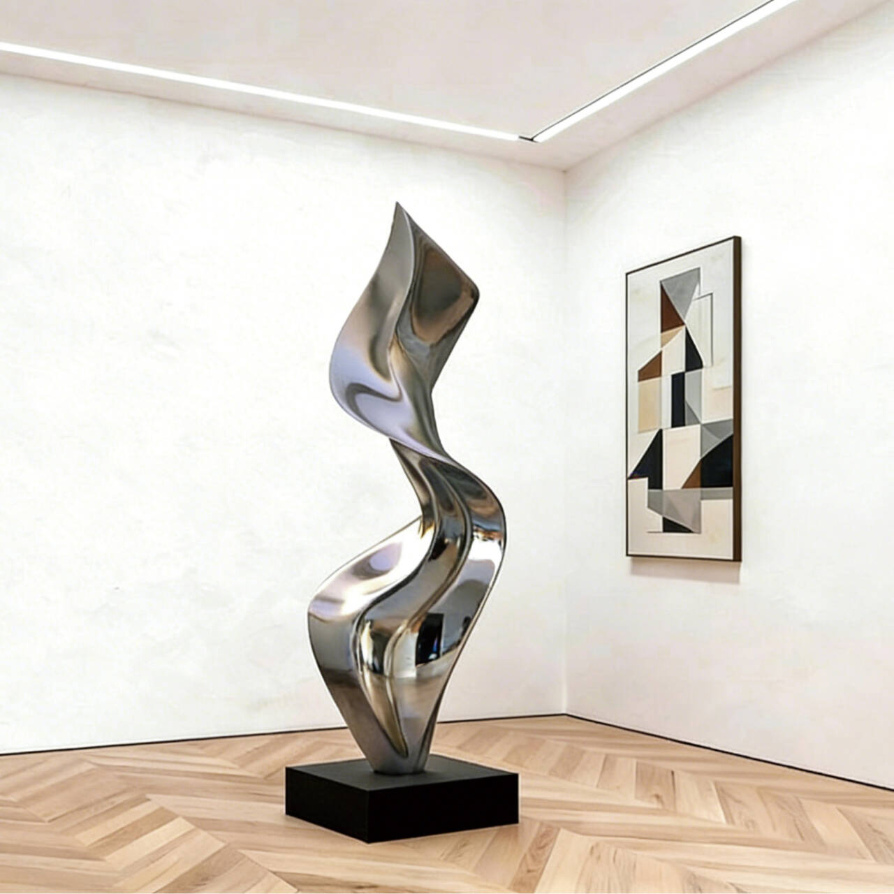 Abstract metal sculpture in a modern room with geometric wall art