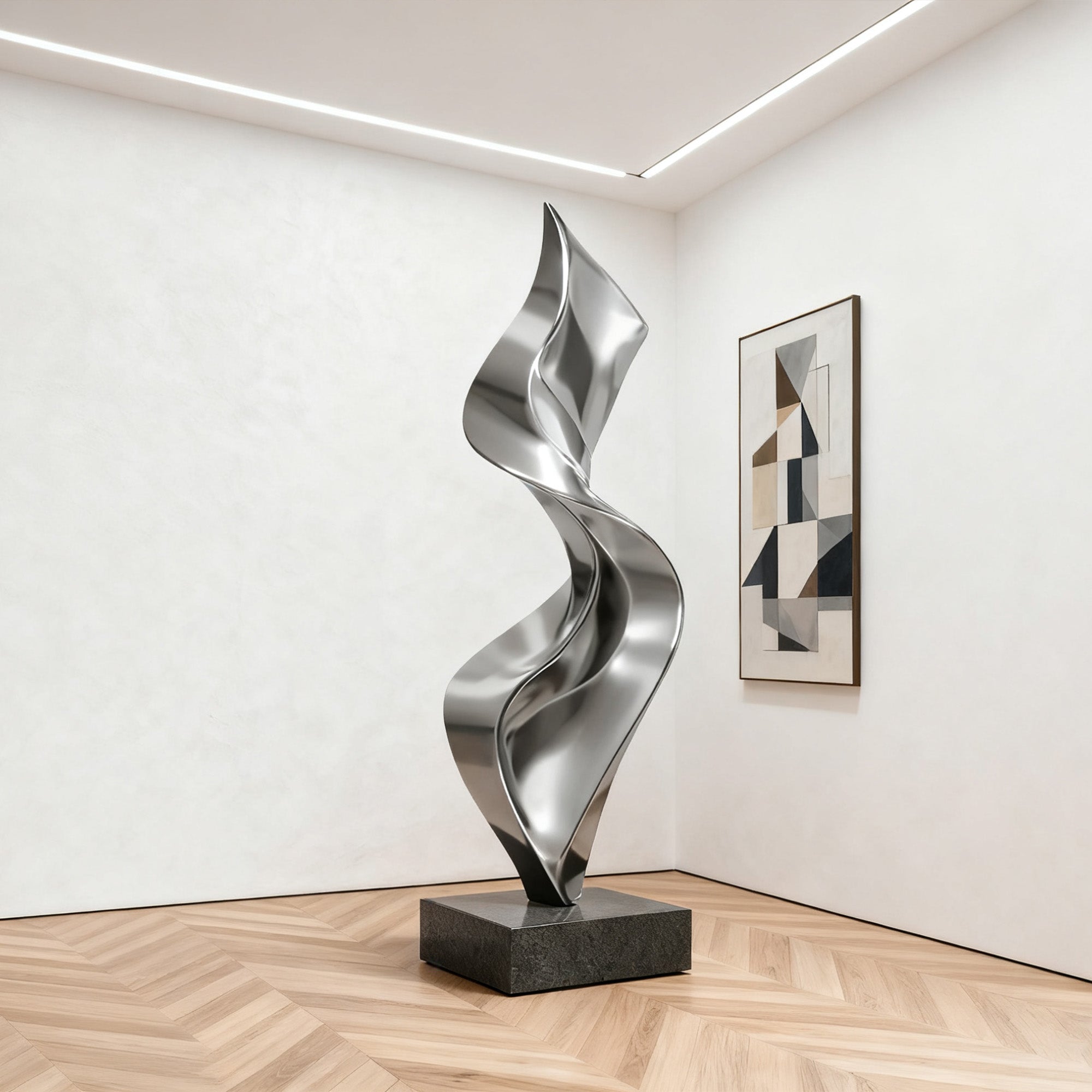 Abstract metal sculpture in a modern room with geometric wall art