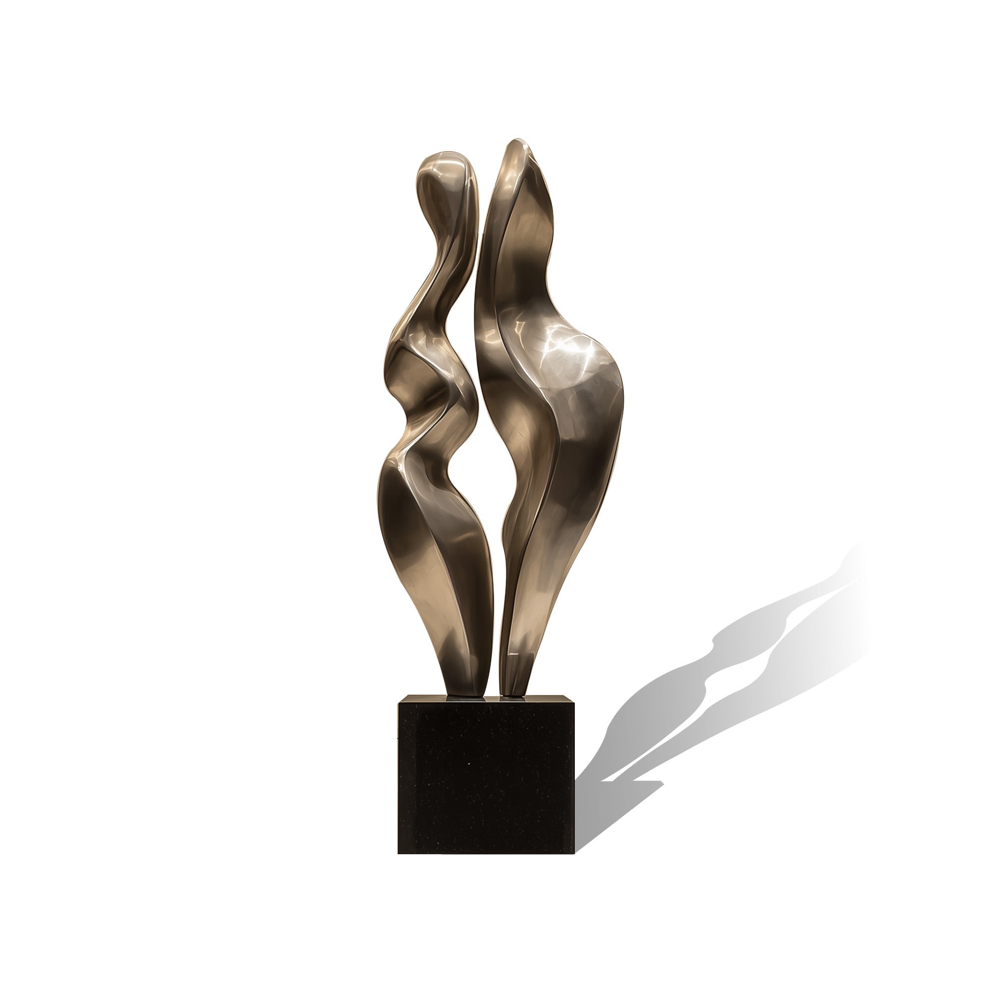 Abstract bronze sculpture on a black base against a white background