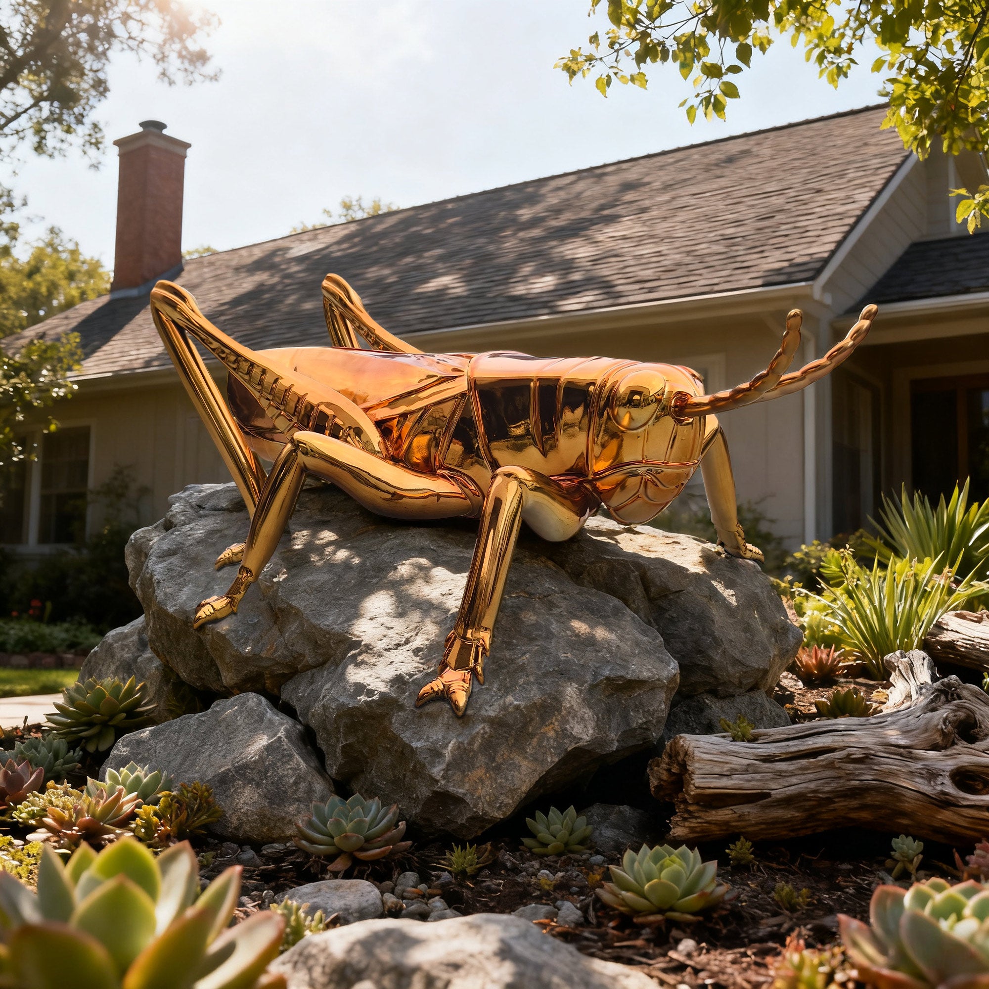 Gold grasshopper sculpture on rocks in front of a house