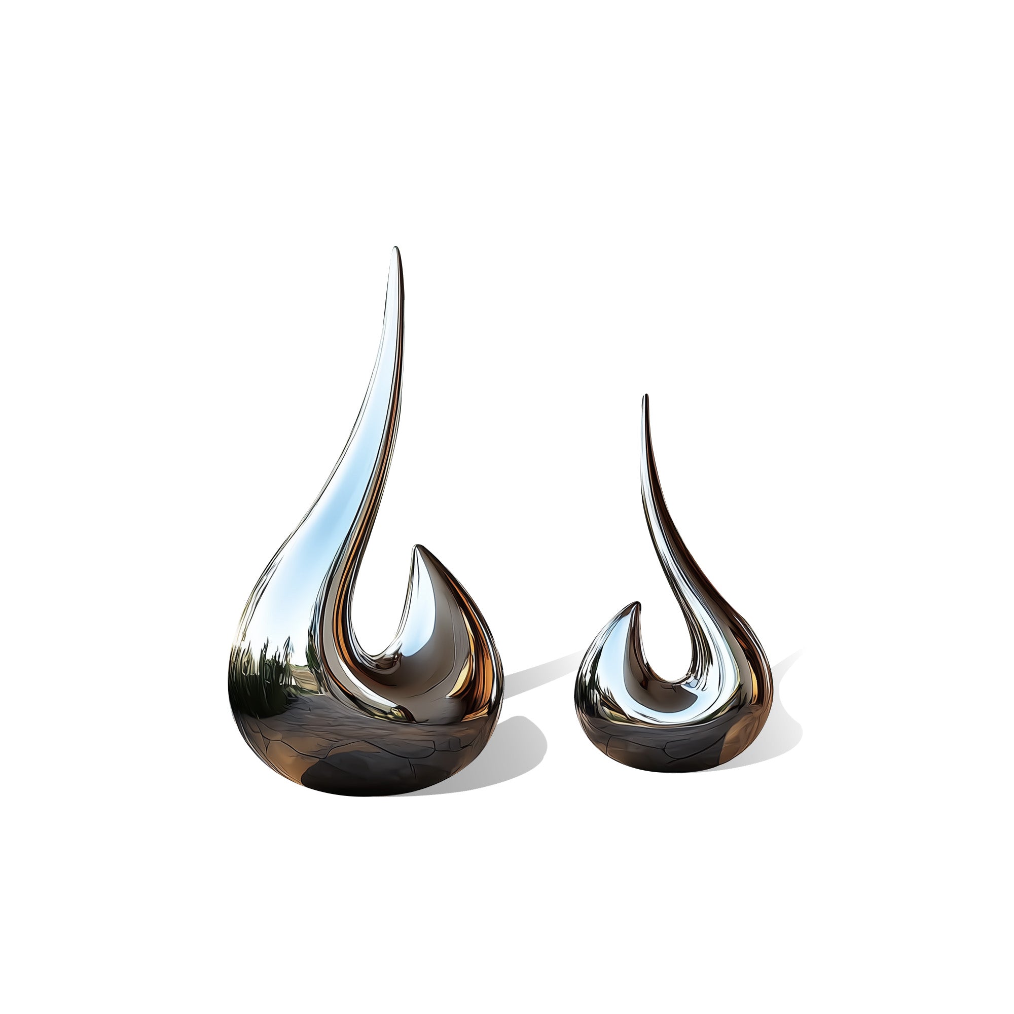 Two stainless steel teardrop-shaped sculptures on a white background