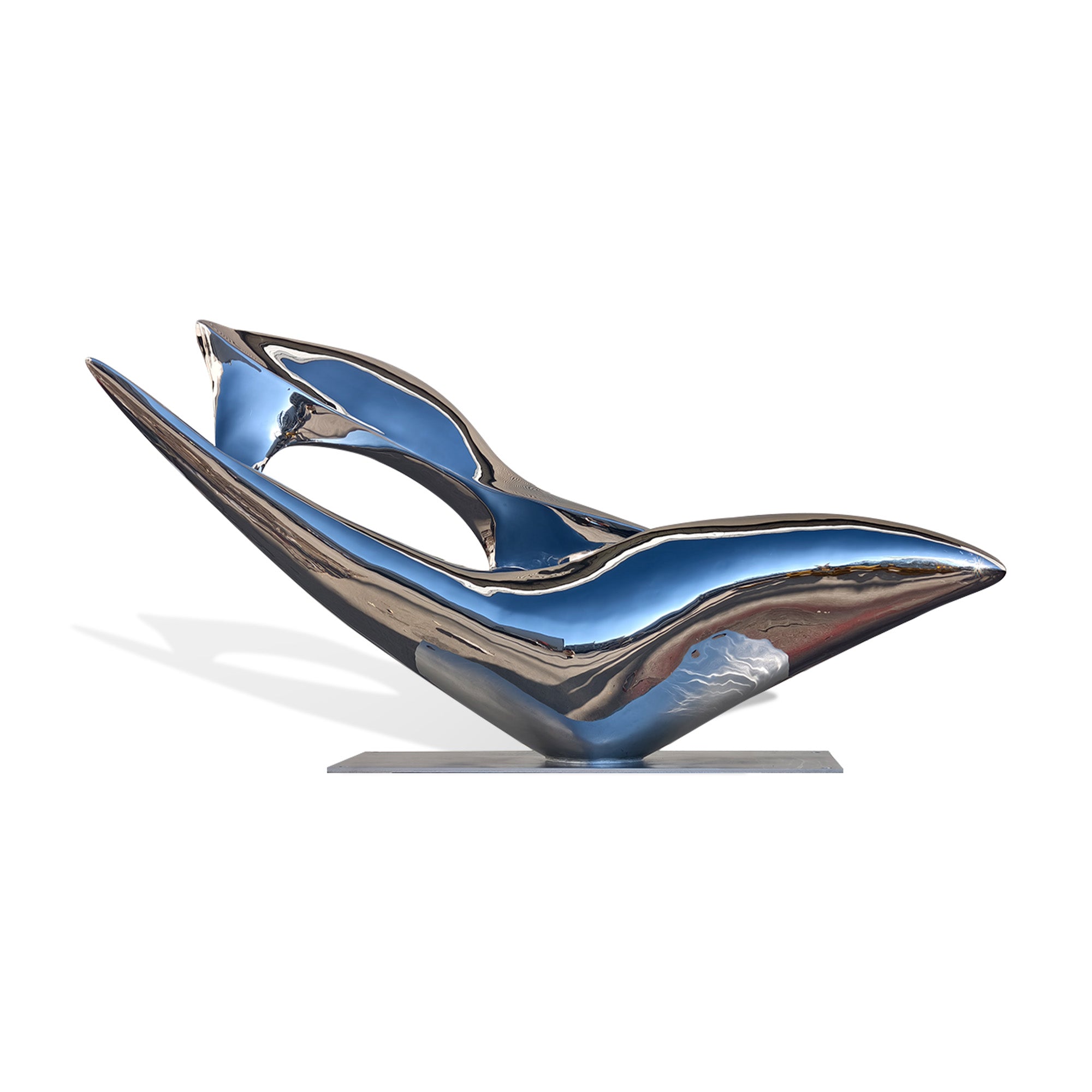 Custom polished stainless steel fluid form sculpture with sleek curves and reflective surfaces, captured from the front showing the dynamic flow of the design