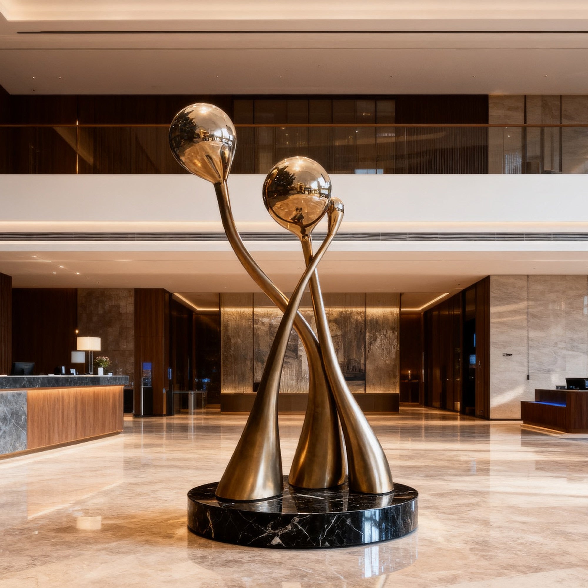 Decorative stainless steel sculpture in a modern indoor setting