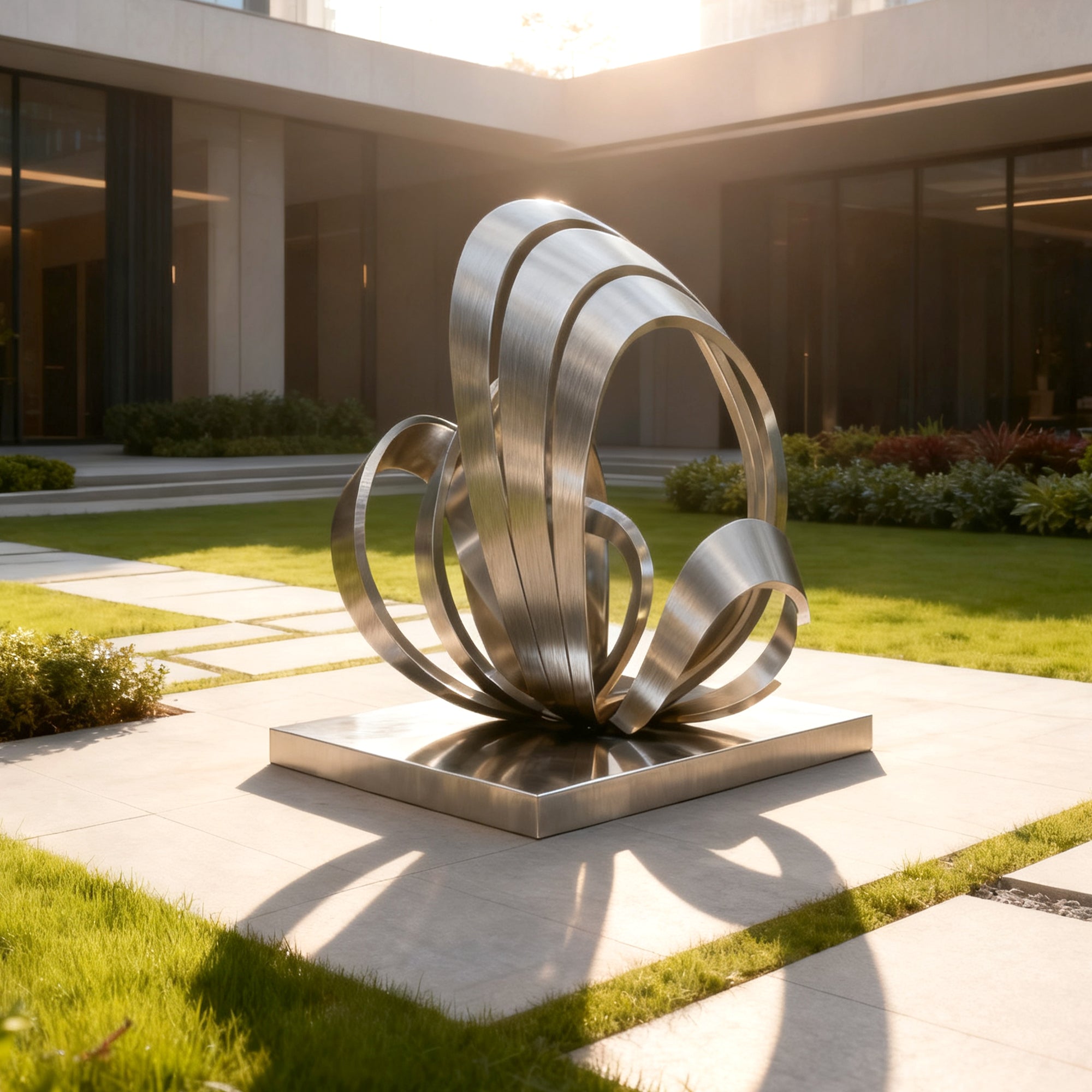 Modern metal sculpture in a garden setting with a building in the background