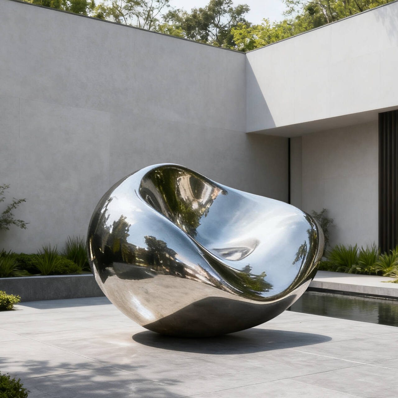 Modern sculpture in a reflective material on a patio with a building and trees in the background