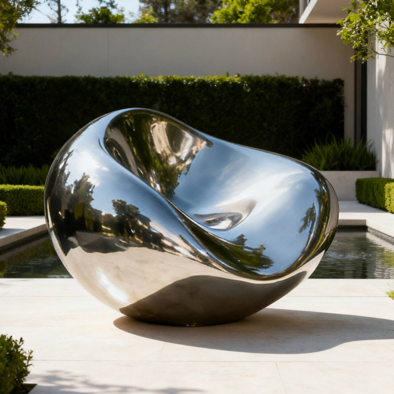 Reflective stainless steel sculpture in a garden setting with a pool and greenery.