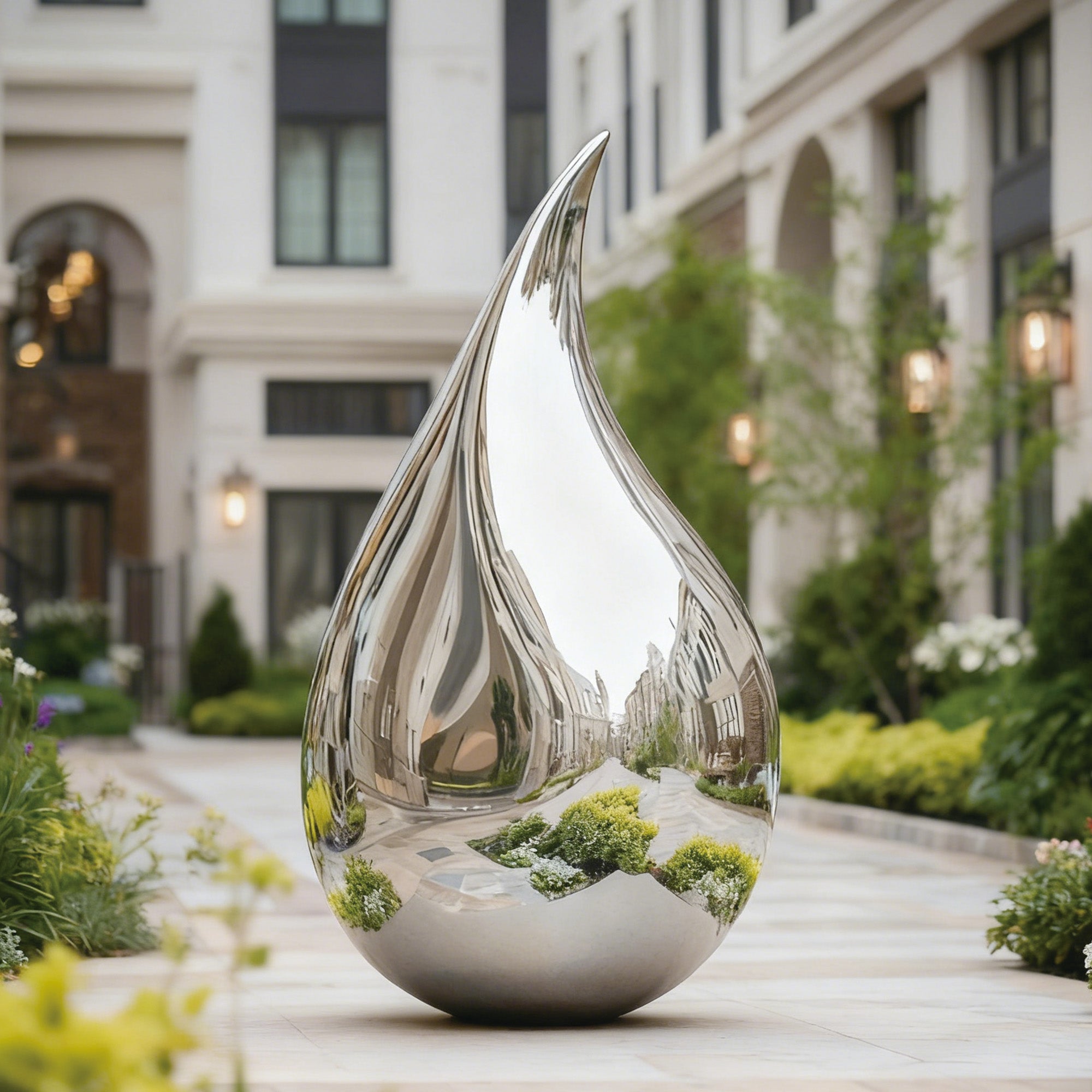 A sleek, reflective drop-shaped stainless steel sculpture in a modern outdoor setting, showcasing the fluidity of form and the elegance of reflective surfaces.