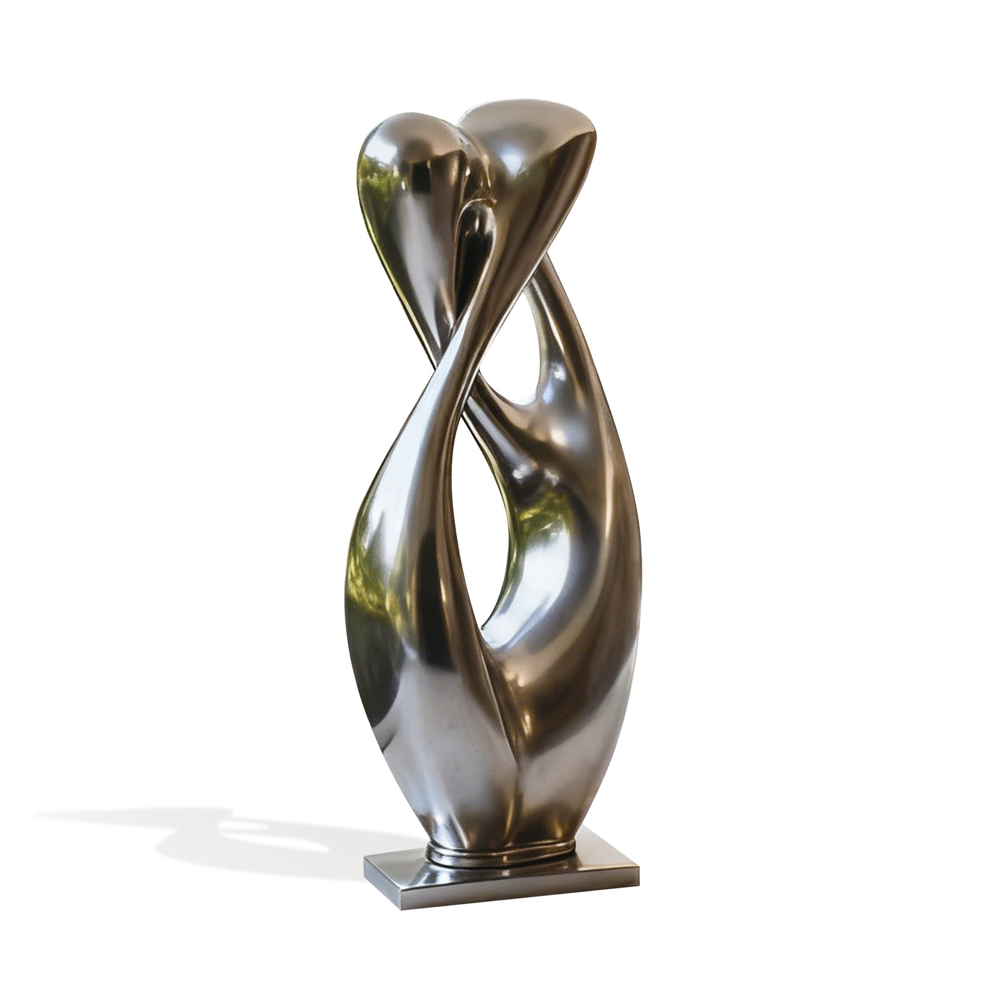 Contemporary abstract metal sculpture, a polished, twisted shape with smooth, reflective surfaces