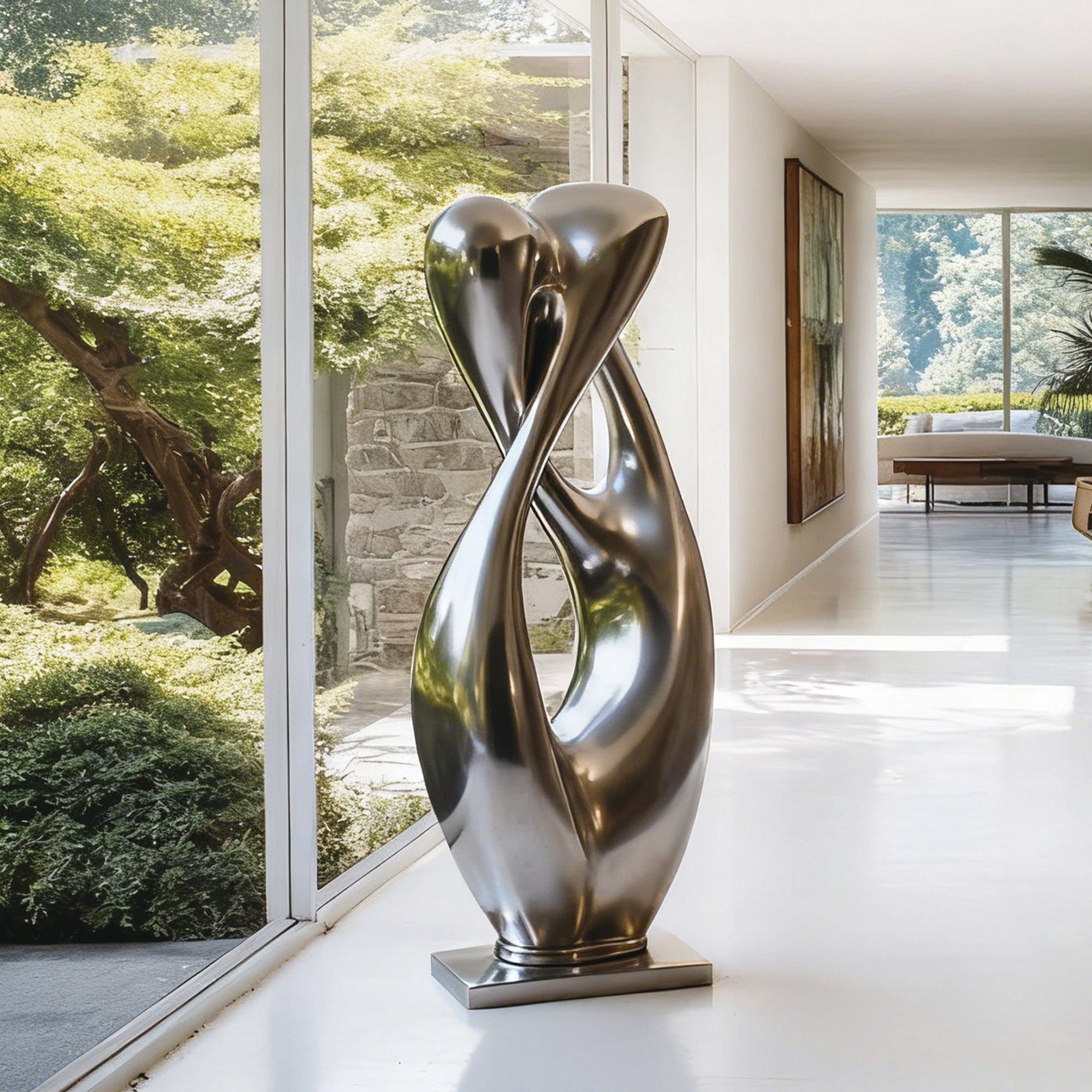 Modern abstract mirror stainless steel sculpture displayed outdoors, reflecting the surrounding environment with its sleek, fluid design.