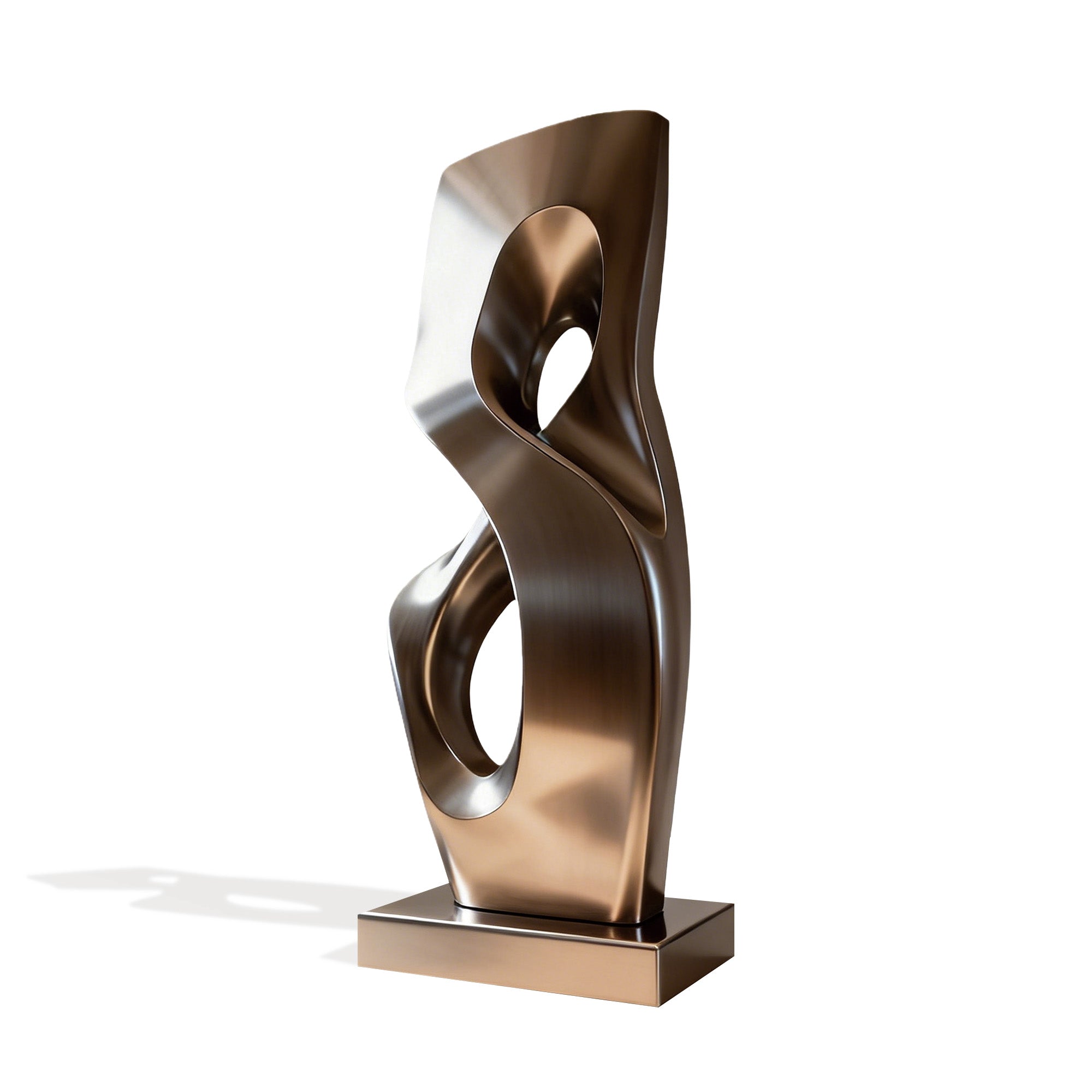 Contemporary hairline stainless steel sculpture, reflecting elegance and smooth design. Ideal for modern interiors, galleries, and sophisticated settings.