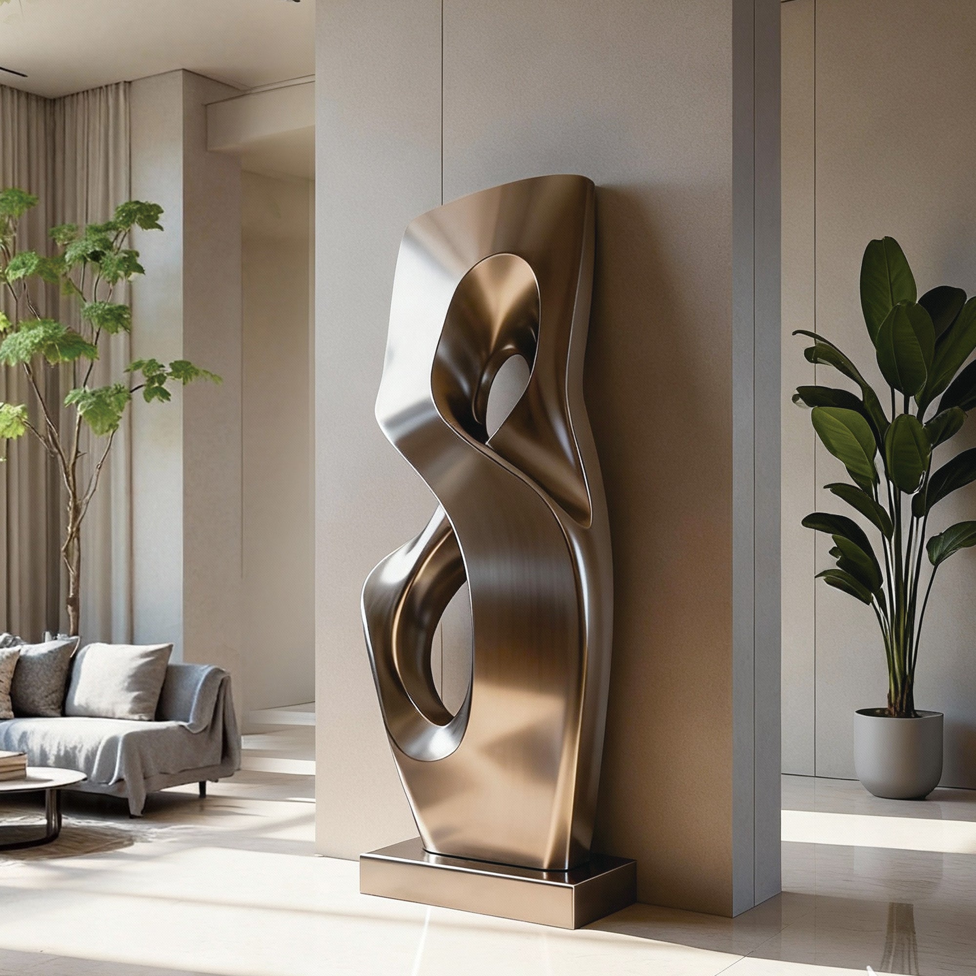Abstract hairline stainless steel sculpture displayed indoors, showcasing dynamic and fluid curves. Perfect for enhancing the modern aesthetic of gardens, walkways, and upscale environments.
