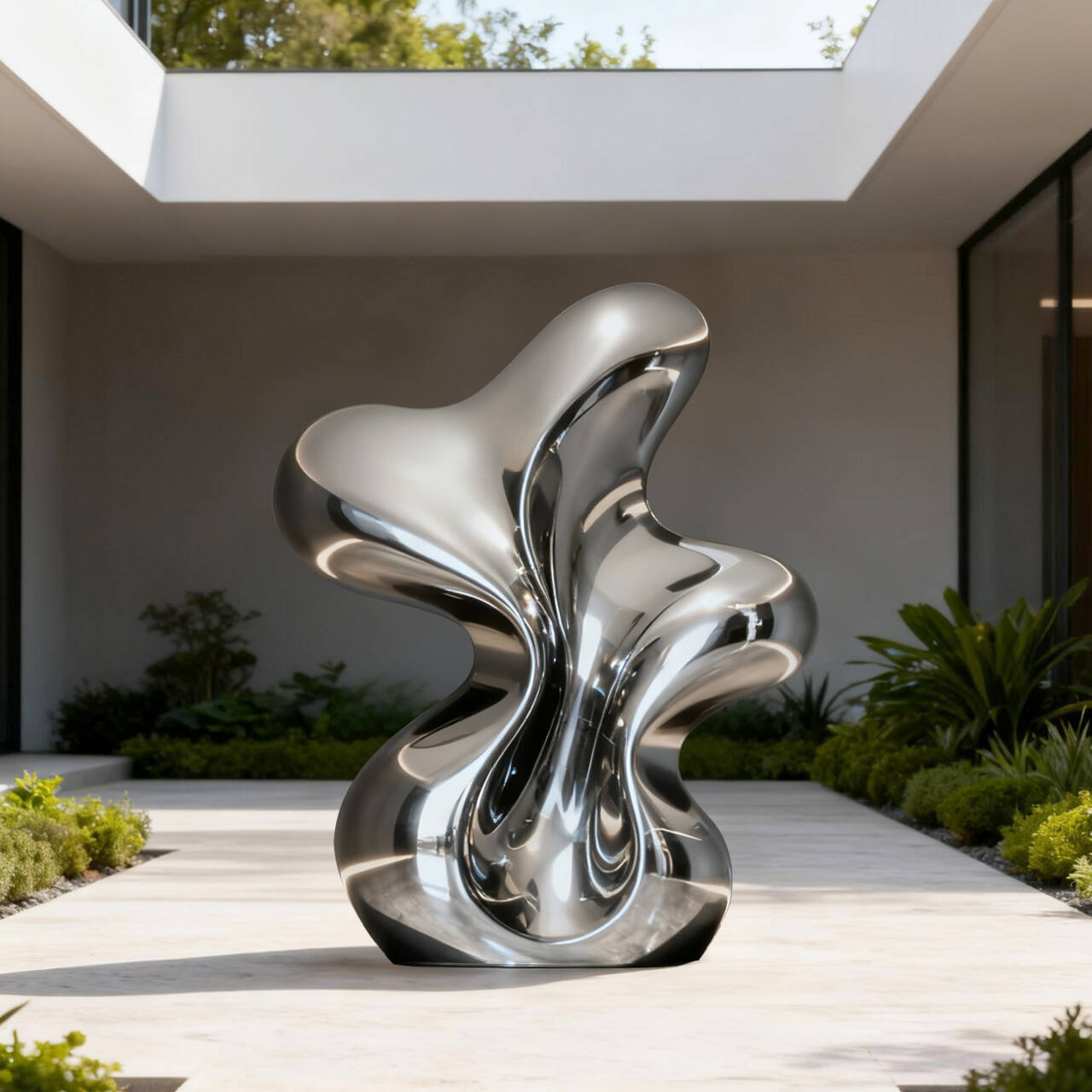 Contemporary mirror polished stainless steel sculpture “Cosmic Bloom” installed in a modern courtyard garden, reflective abstract artwork for luxury landscape and interior spaces.
