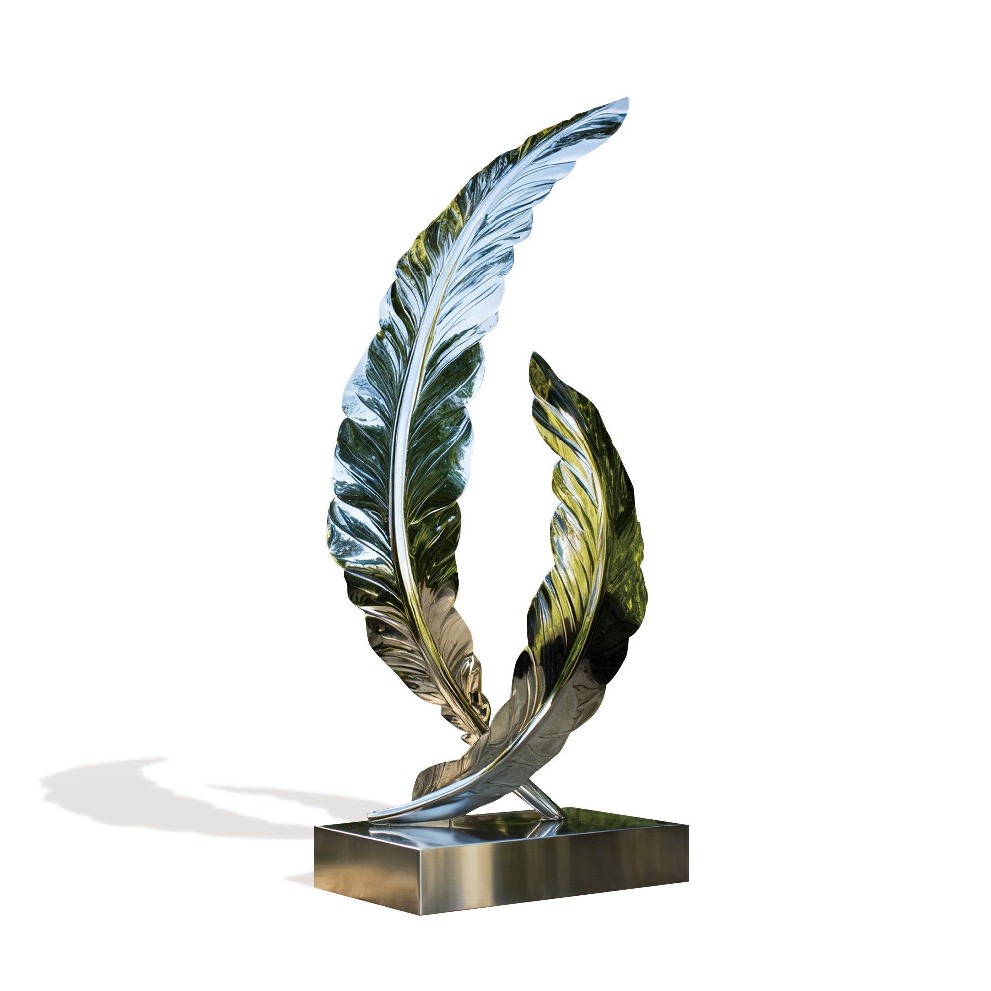 Contemporary stainless steel sculpture “Skyborne Feathers” featuring twin feather shapes with a mirror finish, modern outdoor metal art for luxury gardens and architectural landscapes.