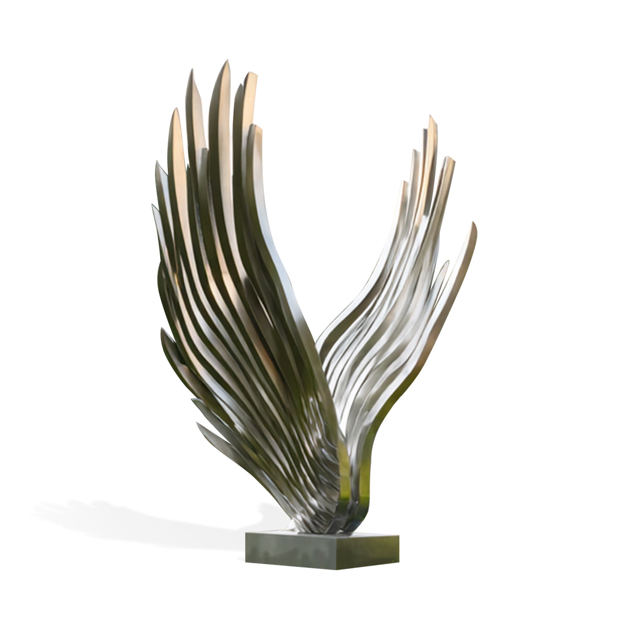 Large stainless steel wing sculpture as outdoor modern art centerpiece, ideal for villa gardens, courtyards, and landscape installations.