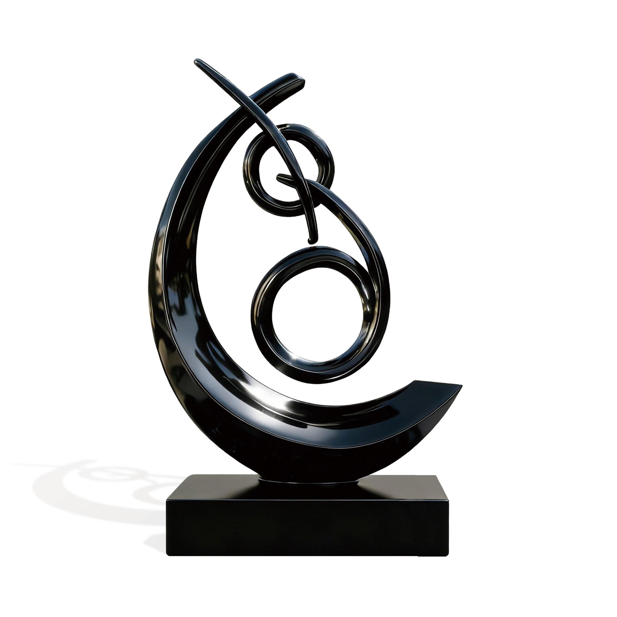 Lunar Sonata abstract stainless steel sculpture with elegant black painted surface, contemporary art decor for luxury interiors and garden spaces.