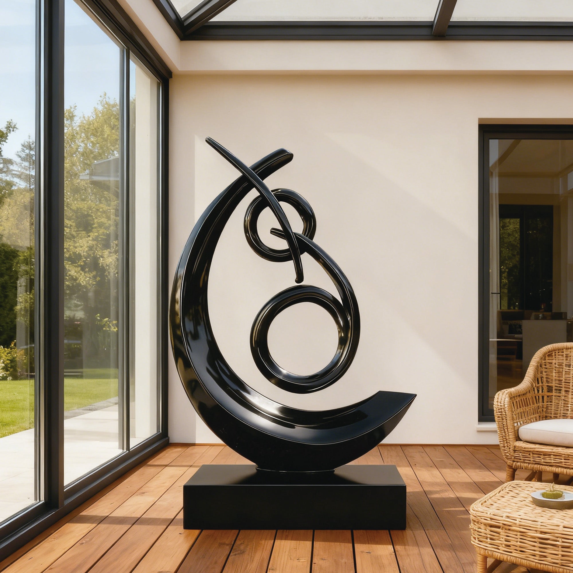 Contemporary painted stainless steel sculpture placed in a sunroom with garden view, ideal modern art installation for villas and outdoor landscapes.