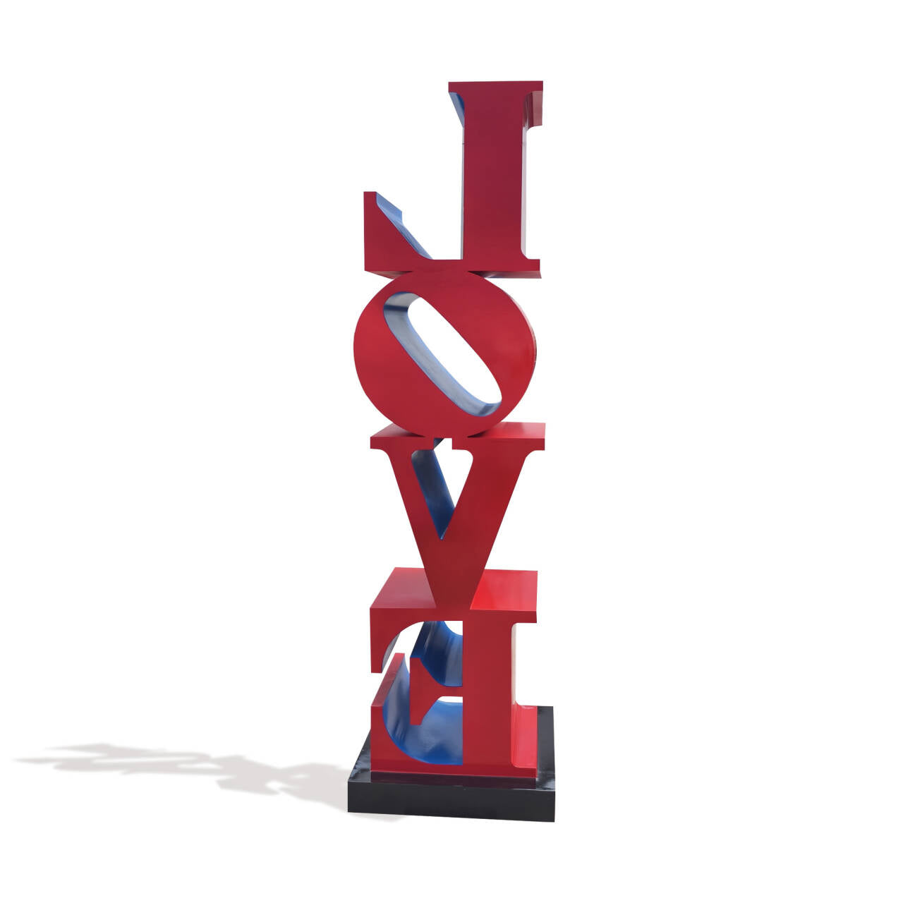 Back view of modern painted metal LOVE sculpture, striking red structure with blue accents designed for outdoor public art and landscape display.