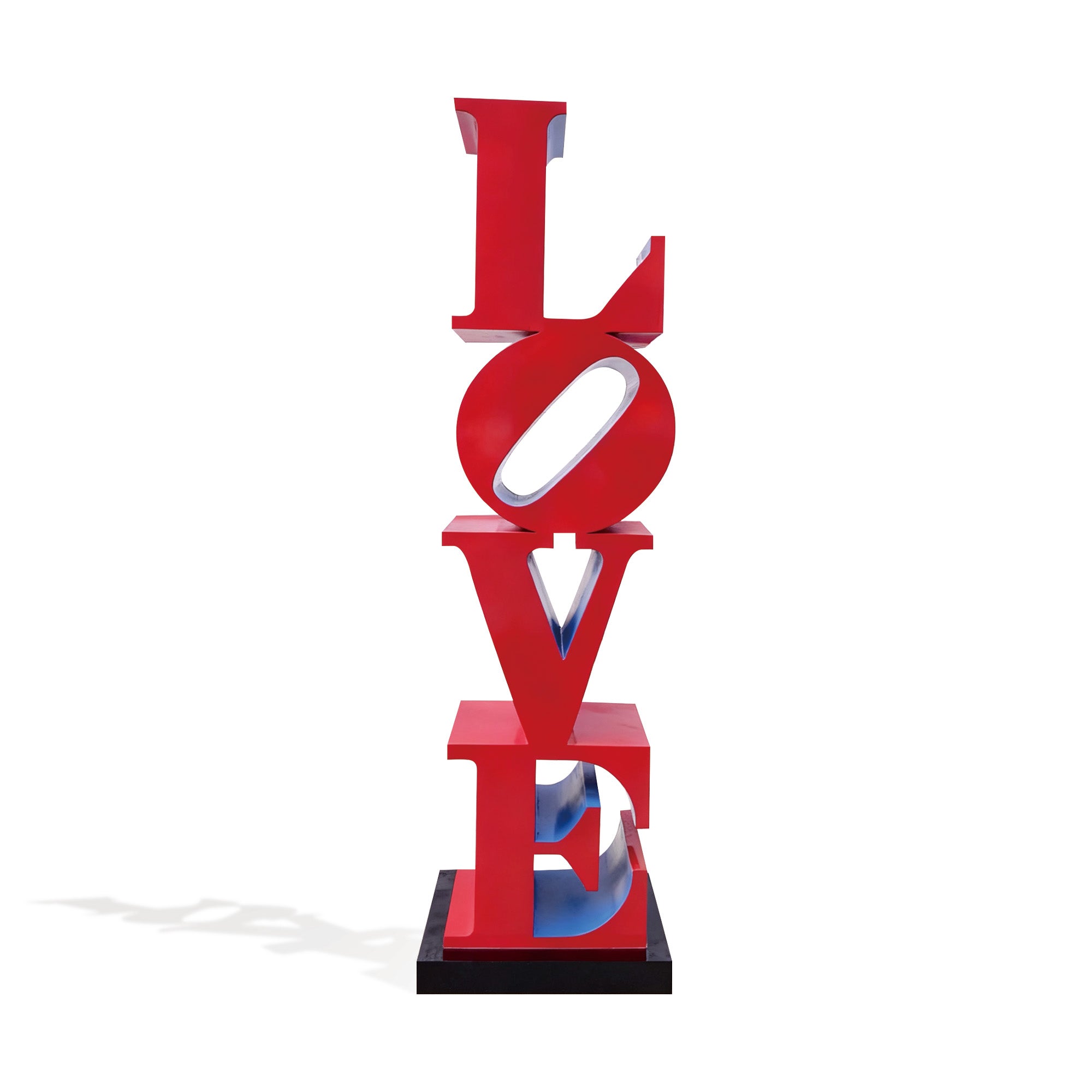 Front view of modern red and blue painted metal LOVE sculpture, contemporary outdoor art piece ideal for gardens, plazas, and public spaces.