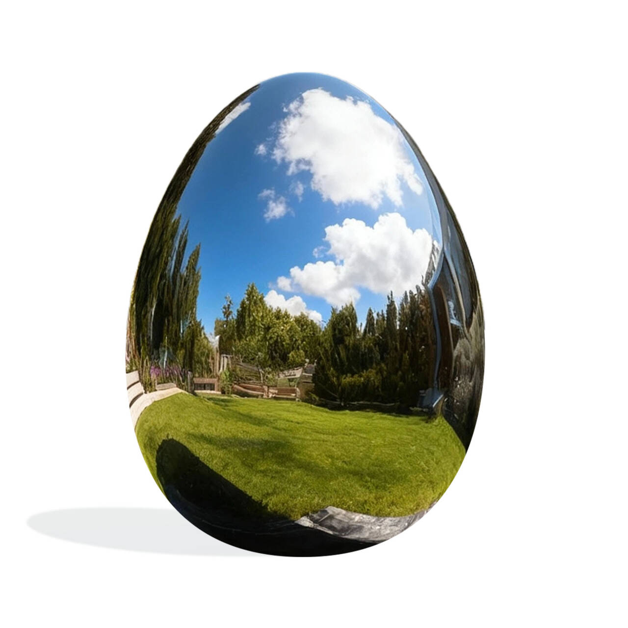 Modern mirror polished stainless steel sculpture with smooth curved form, minimalist outdoor artwork reflecting blue sky and nature.