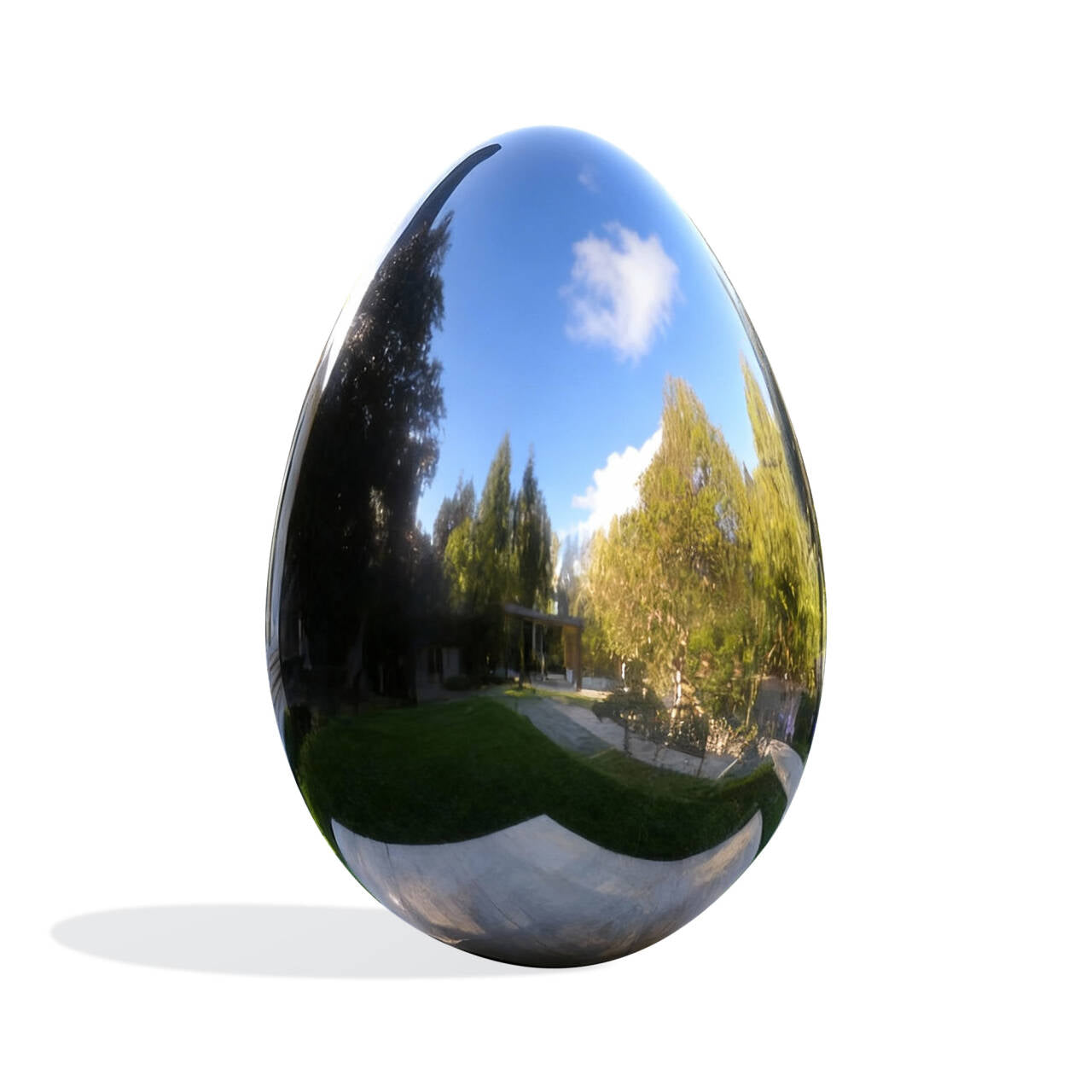 Outdoor polished stainless steel sculpture in sleek egg shape, elegant reflective metal artwork for luxury garden and courtyard.