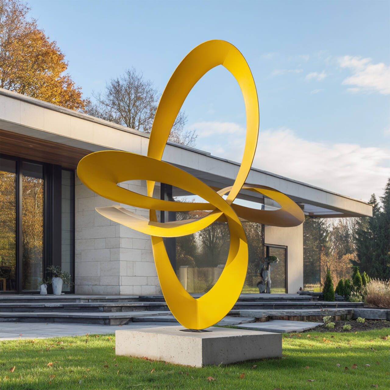 Large yellow stainless steel sculpture with interlocking rings installed on a stone base in a modern garden courtyard, contemporary outdoor metal art for villas and landscapes.