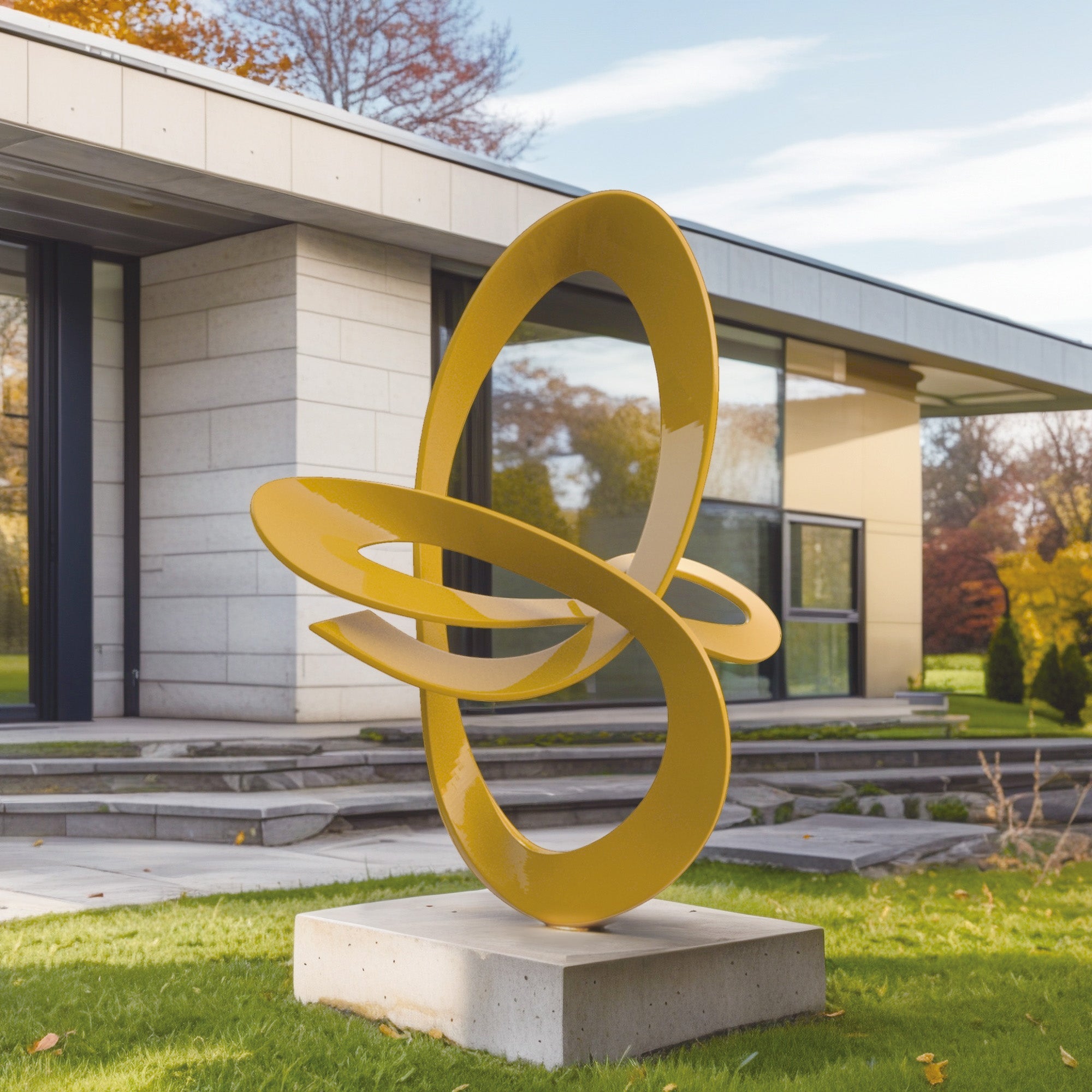 Yellow abstract sculpture in front of a modern house