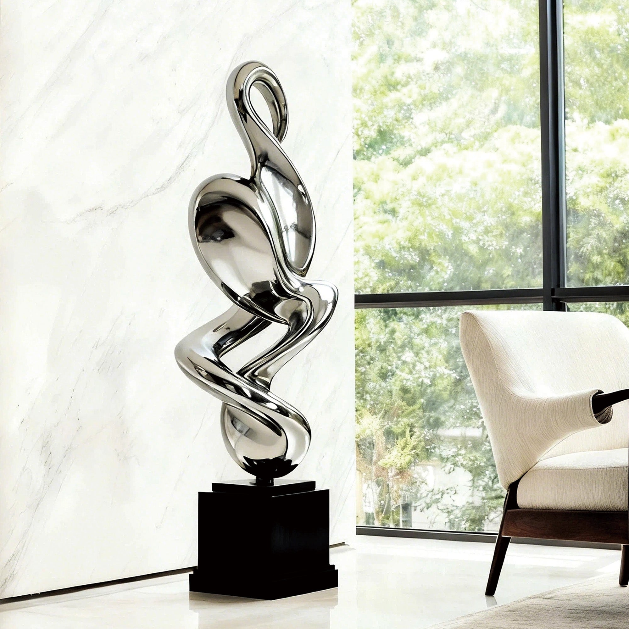 polished stainless steel abstract sculpture showcased in a luxury modern interior with natural light and minimalist decor

