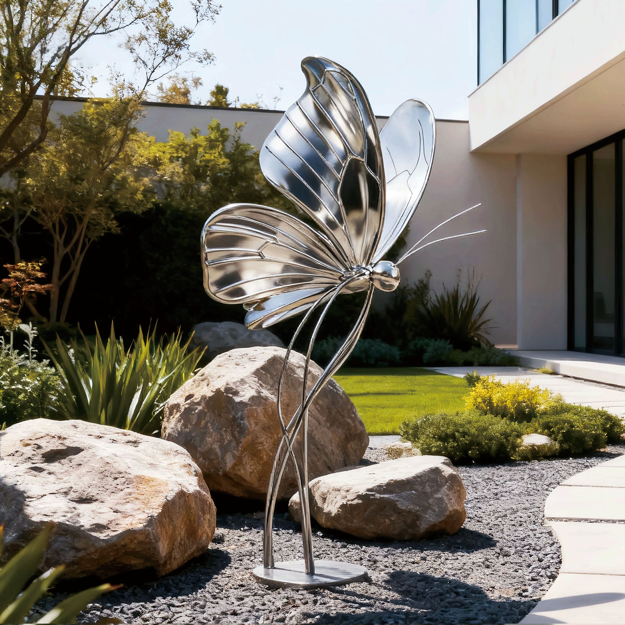 FINEST FS-220 stainless steel butterfly sculpture in a luxury garden setting, contemporary outdoor art with a light and elegant presence
