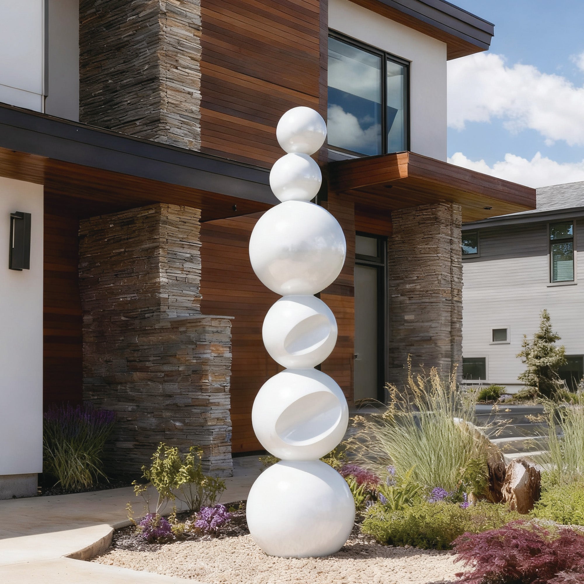 Soft Gravity white stacked sphere outdoor sculpture with two carved bowl openings, installed in a modern front yard garden beside a stone and wood facade