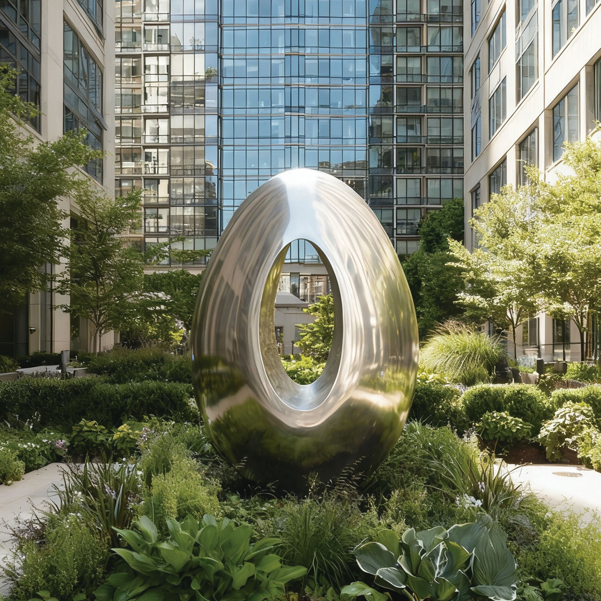 Veil of Infinity hairline stainless steel abstract sculpture installed in a contemporary outdoor garden landscape
