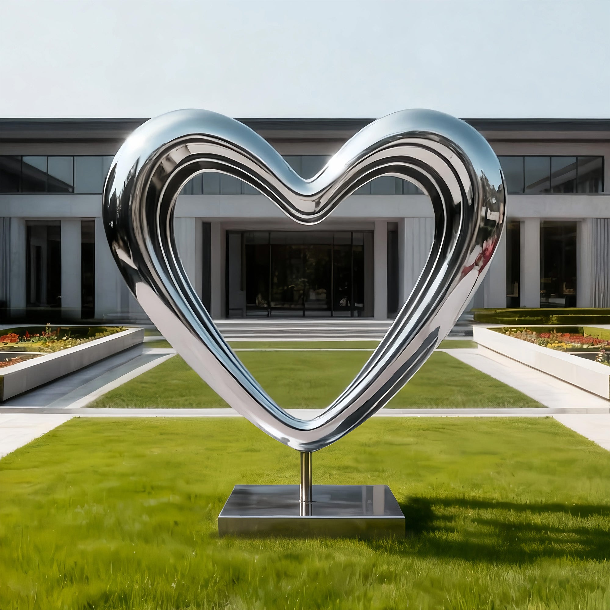 Mirror-polished stainless steel heart sculpture on a pedestal in a luxury estate lawn courtyard, reflecting the modern home and sky.