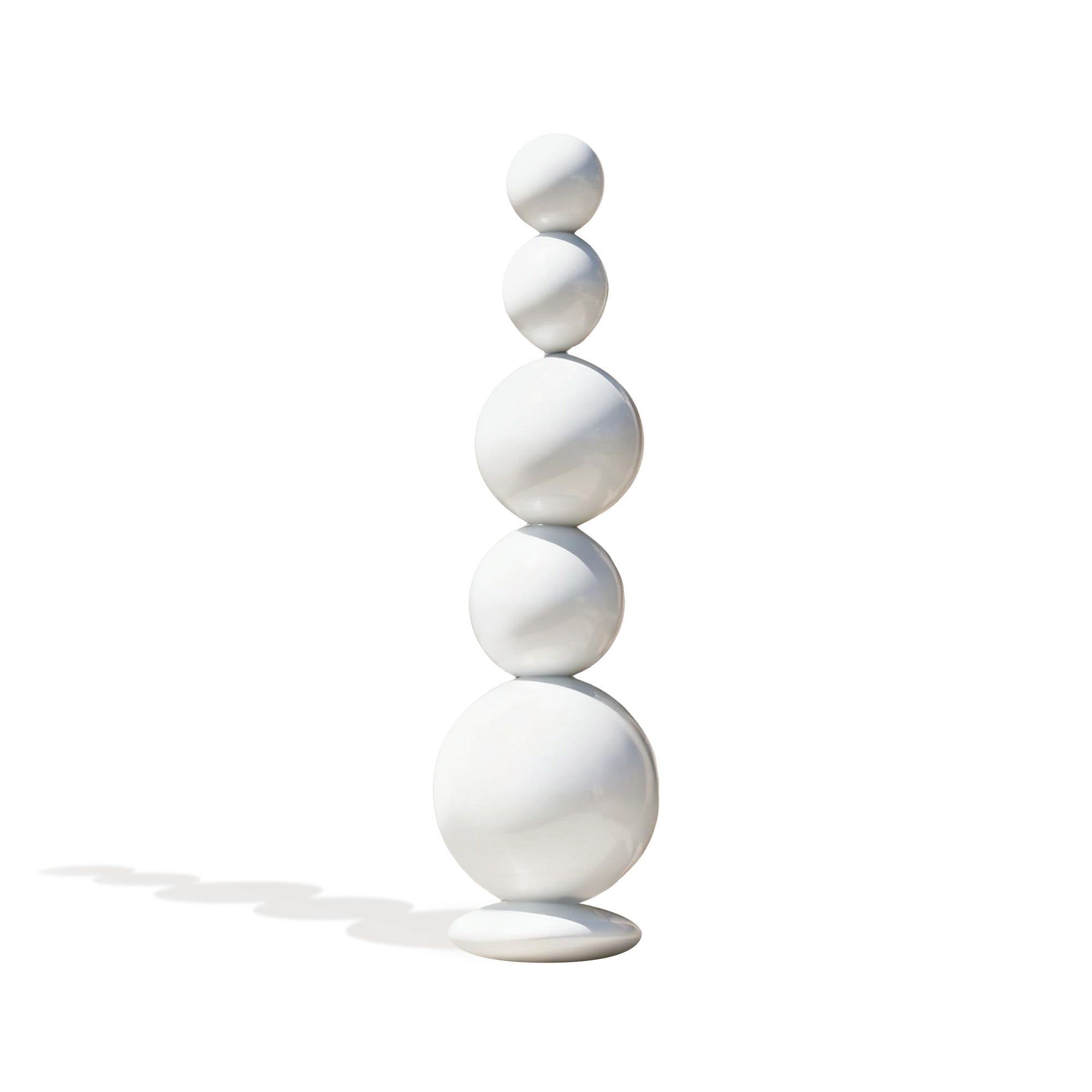 White stainless steel sculpture with stacked spheres, minimalist design on a clean white background.