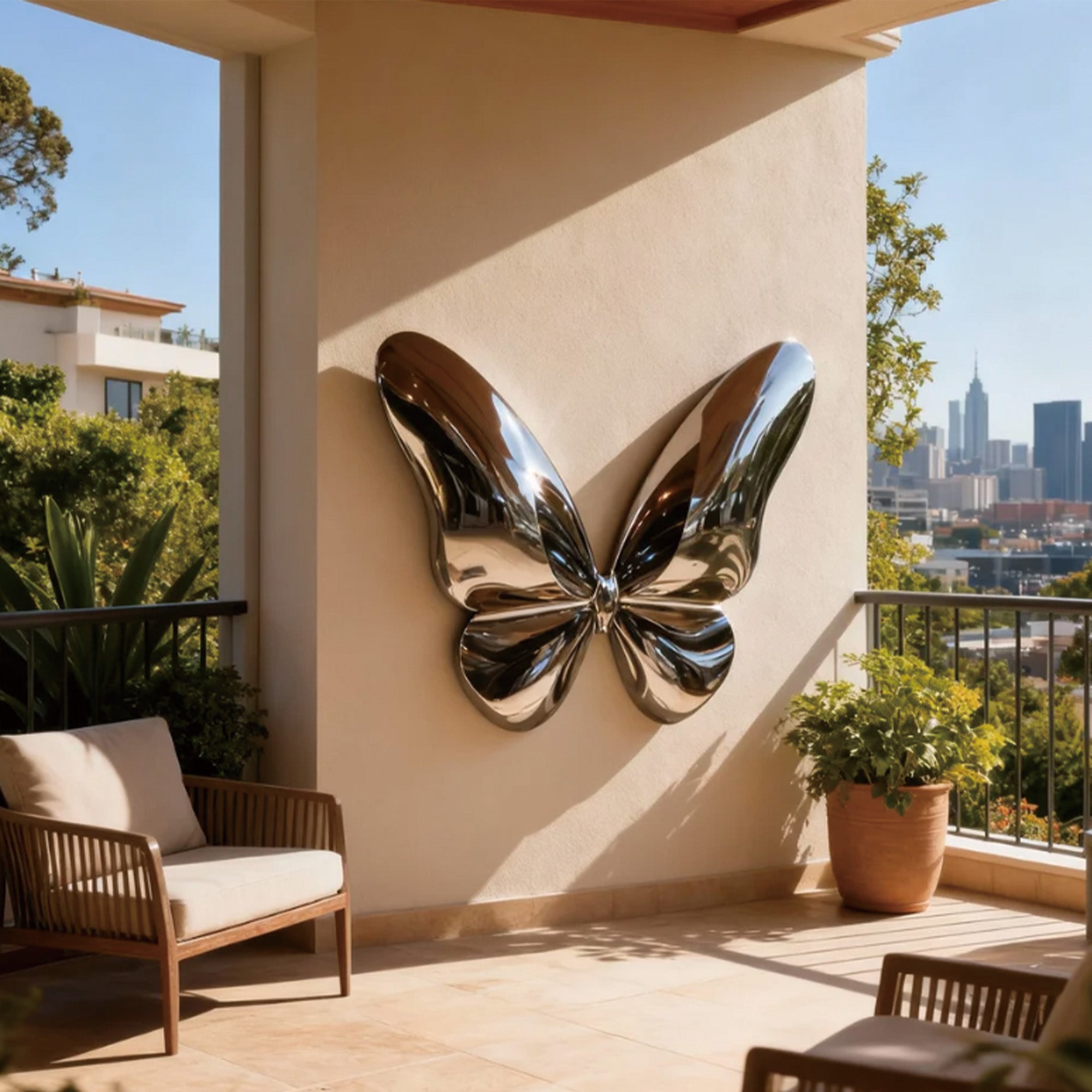 stainless steel butterfly sculpture on a wall with a cityscape in the background