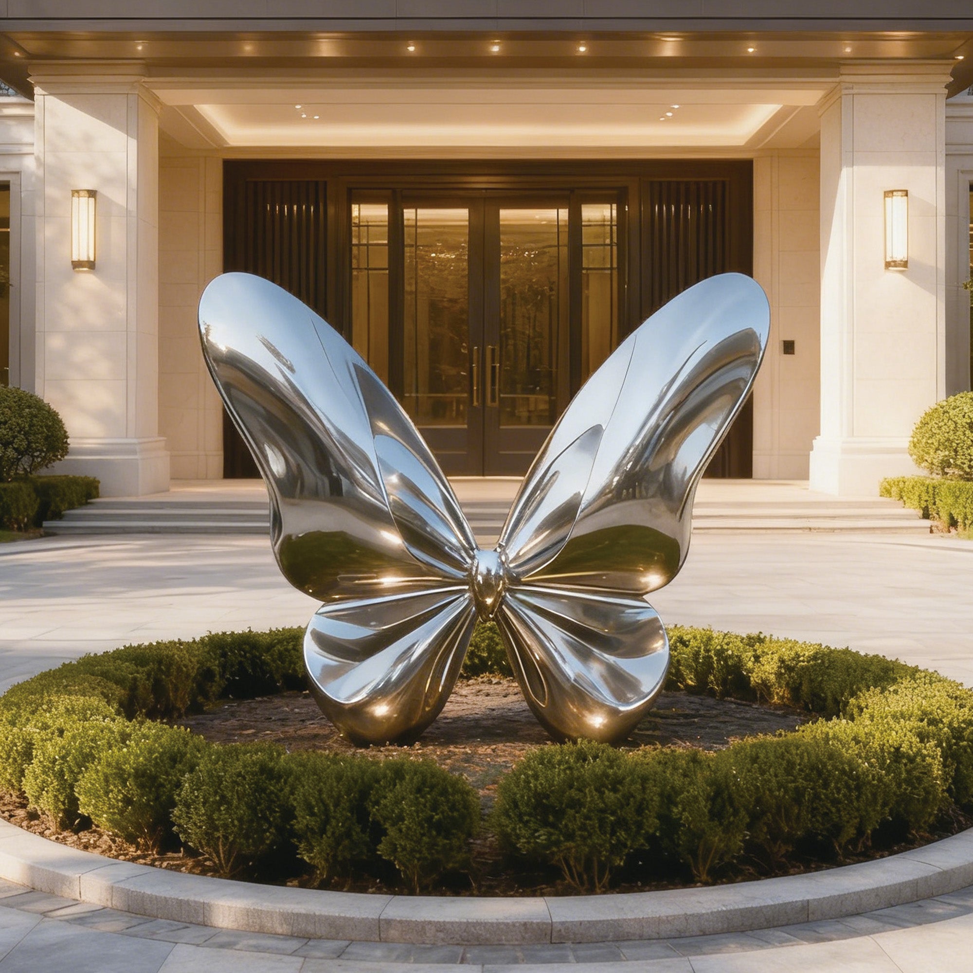 Large stainless steel butterfly sculpture in front of a building