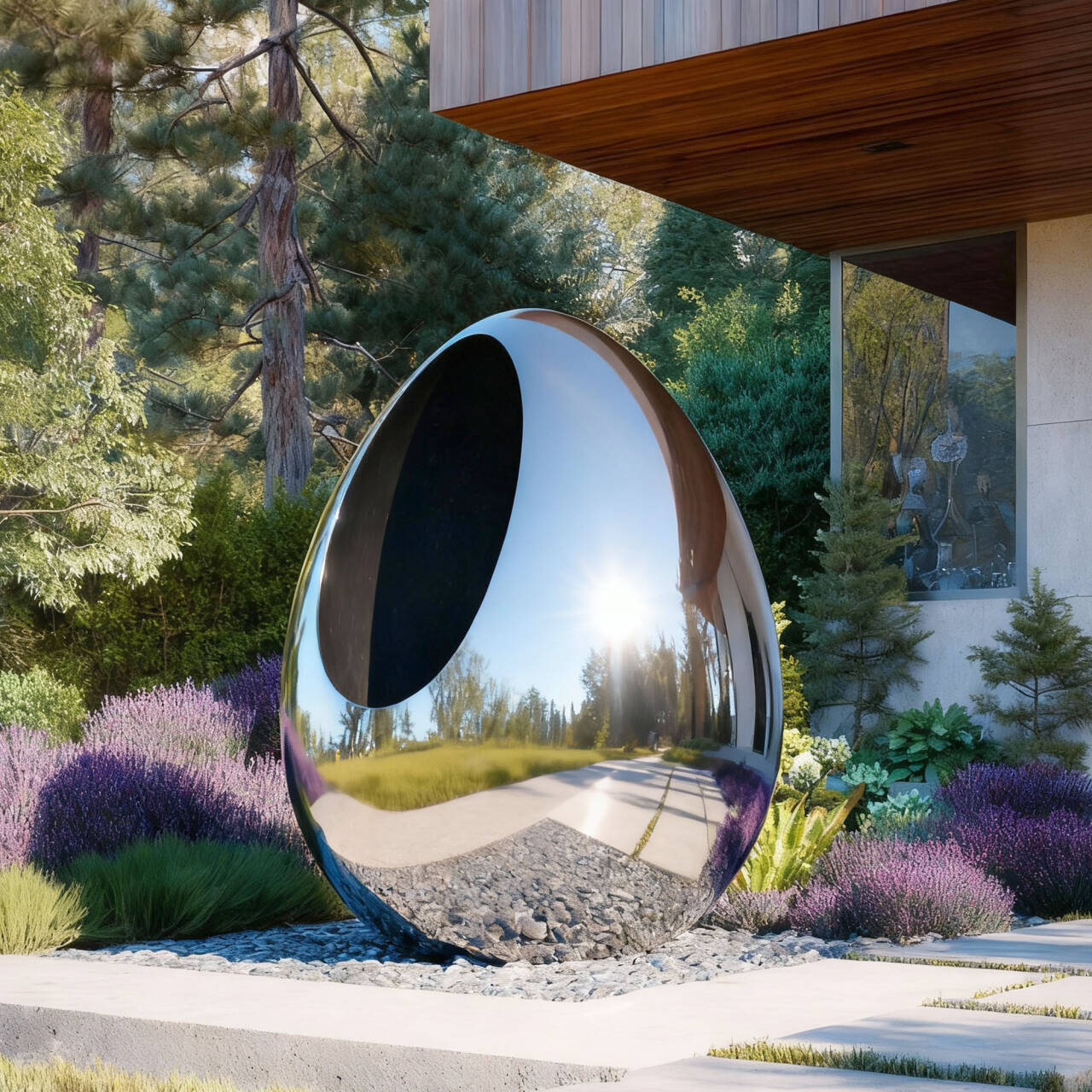 Modern stainless steel sculpture in a garden setting with a house in the background