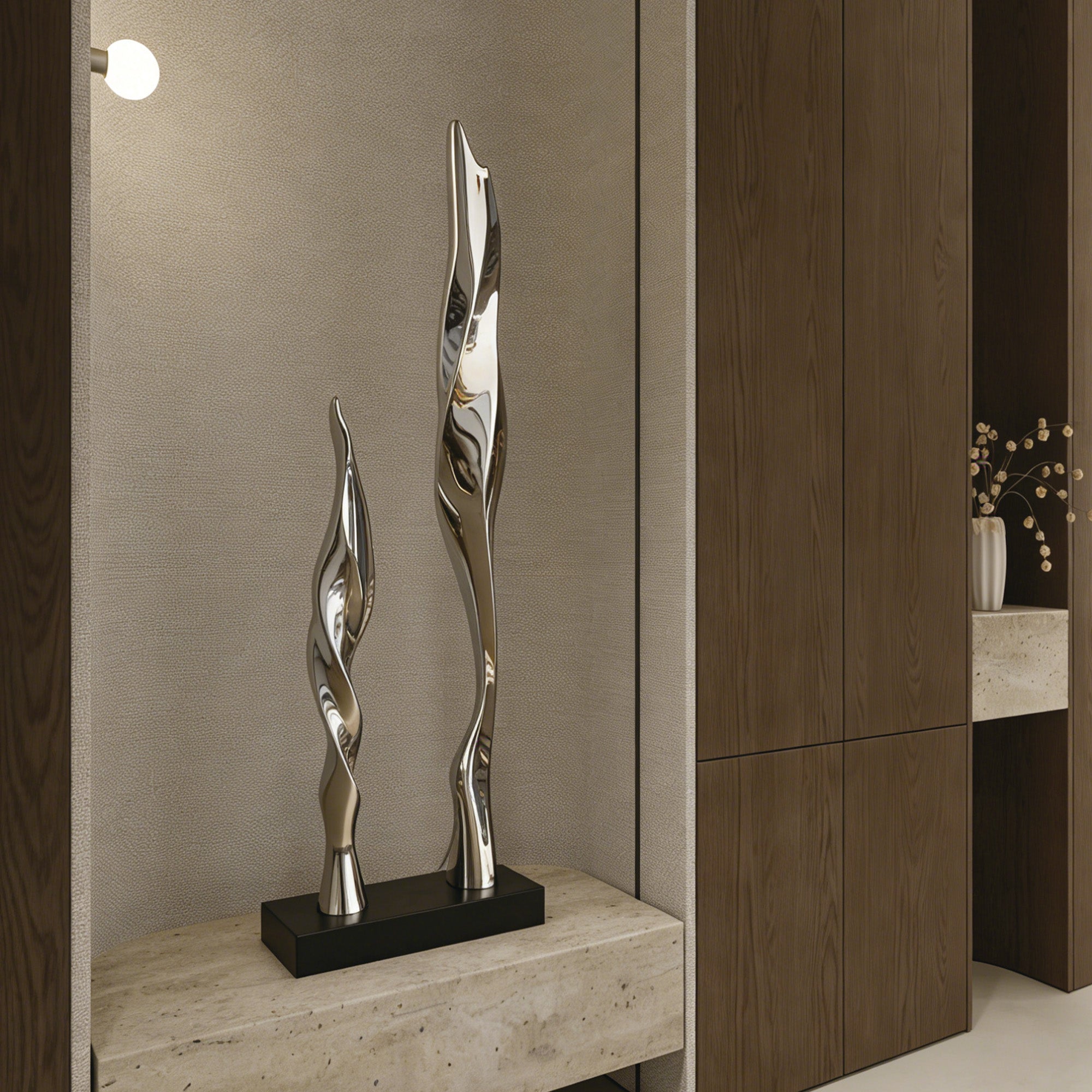 Mirror-finish sculpture as a statement piece in a stylish modern interior, reflecting natural light and adding an artistic touch to the space.