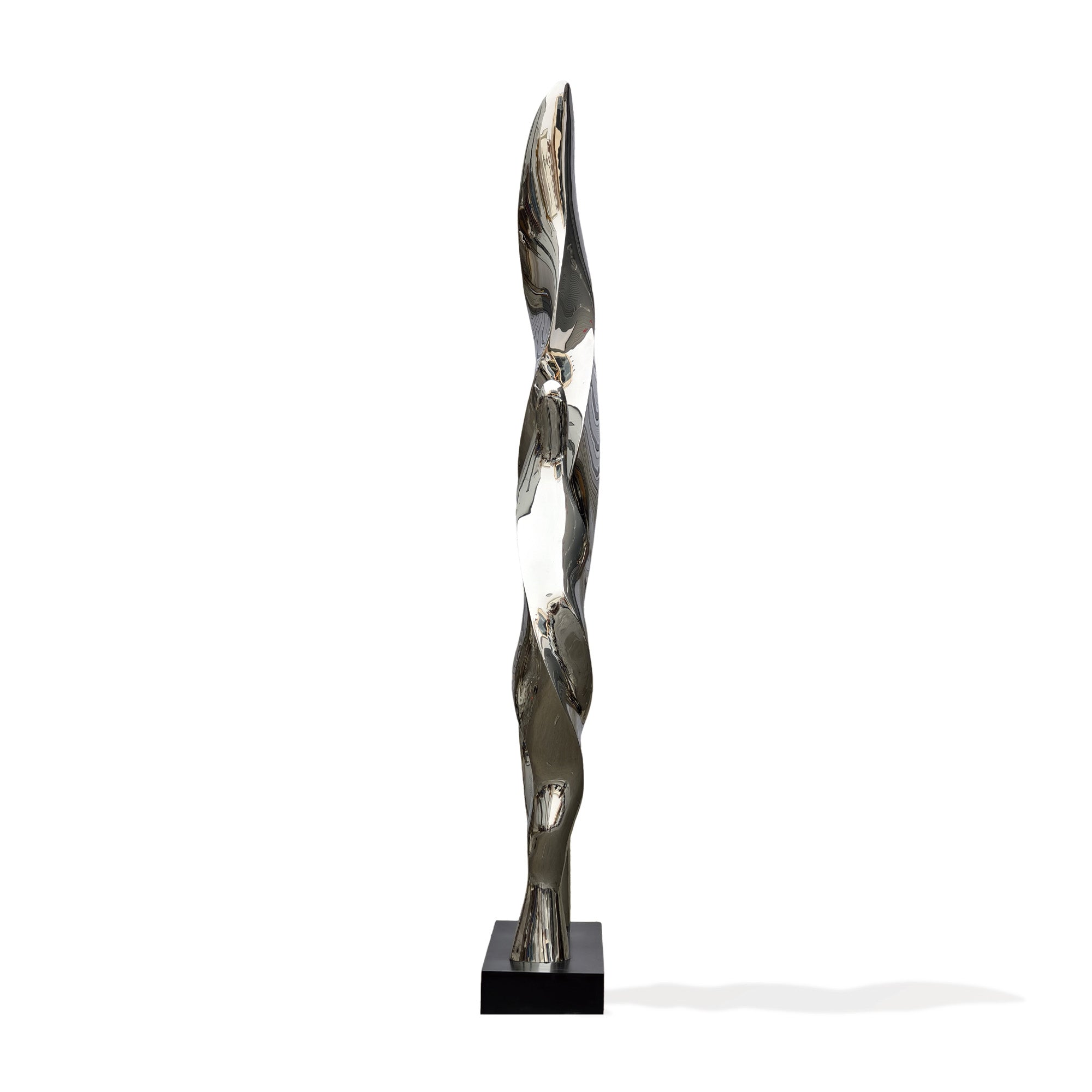 Side view of a mirror-polished abstract sculpture, featuring smooth, twisting forms, perfect for contemporary spaces and luxury interior decor.