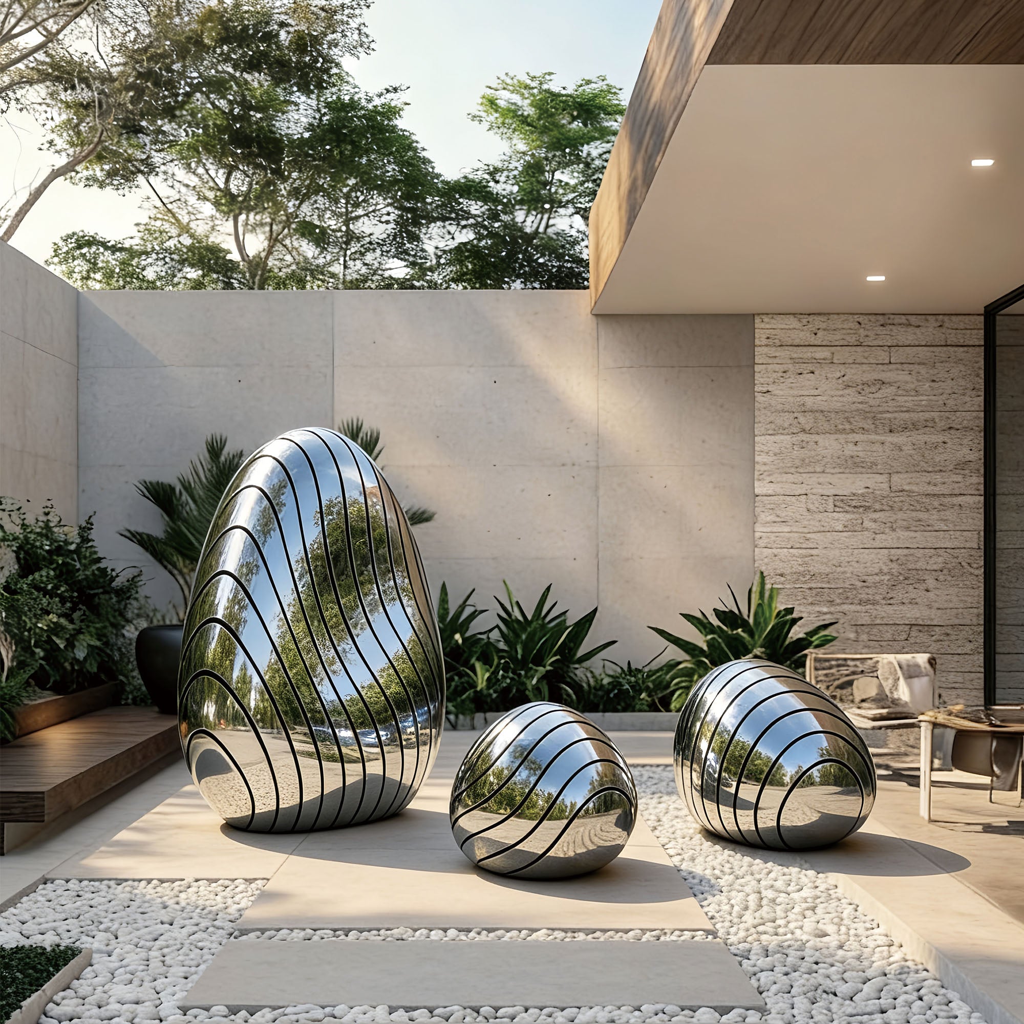 Abstract mirror stainless steel outdoor sculpture set of three reflective pebble forms placed in a modern courtyard landscape with stone paving and white gravel, contemporary garden art