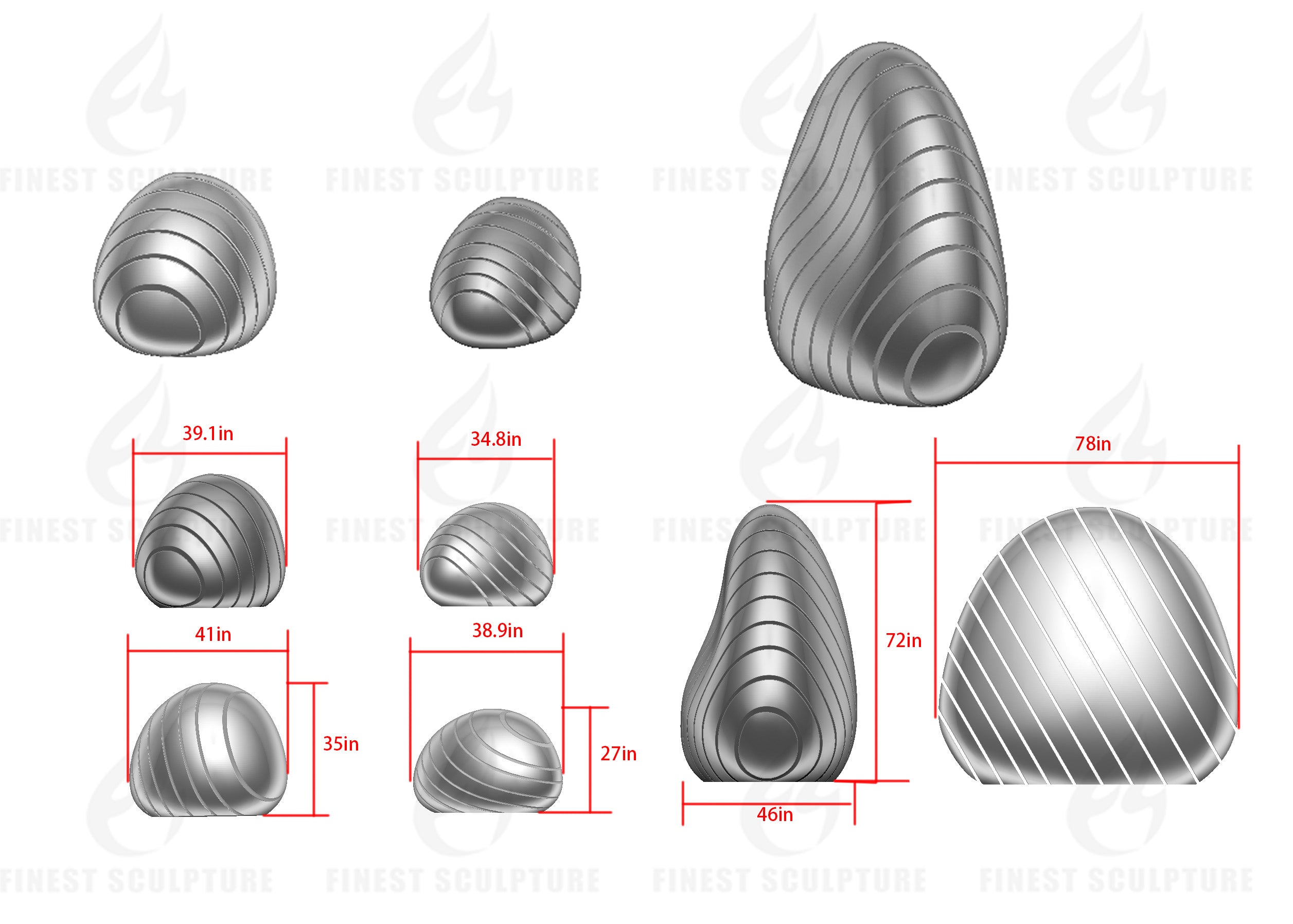 Abstract stainless steel sculpture 3D dimension drawing showing three-piece set: large sculpture 78in width × 72in height × 46in depth, medium sculpture 41in width × 35in height × 39.1in depth, small sculpture 38.9in width × 27in height × 34.8in depth, mirror polished outdoor garden sculpture for luxury estates