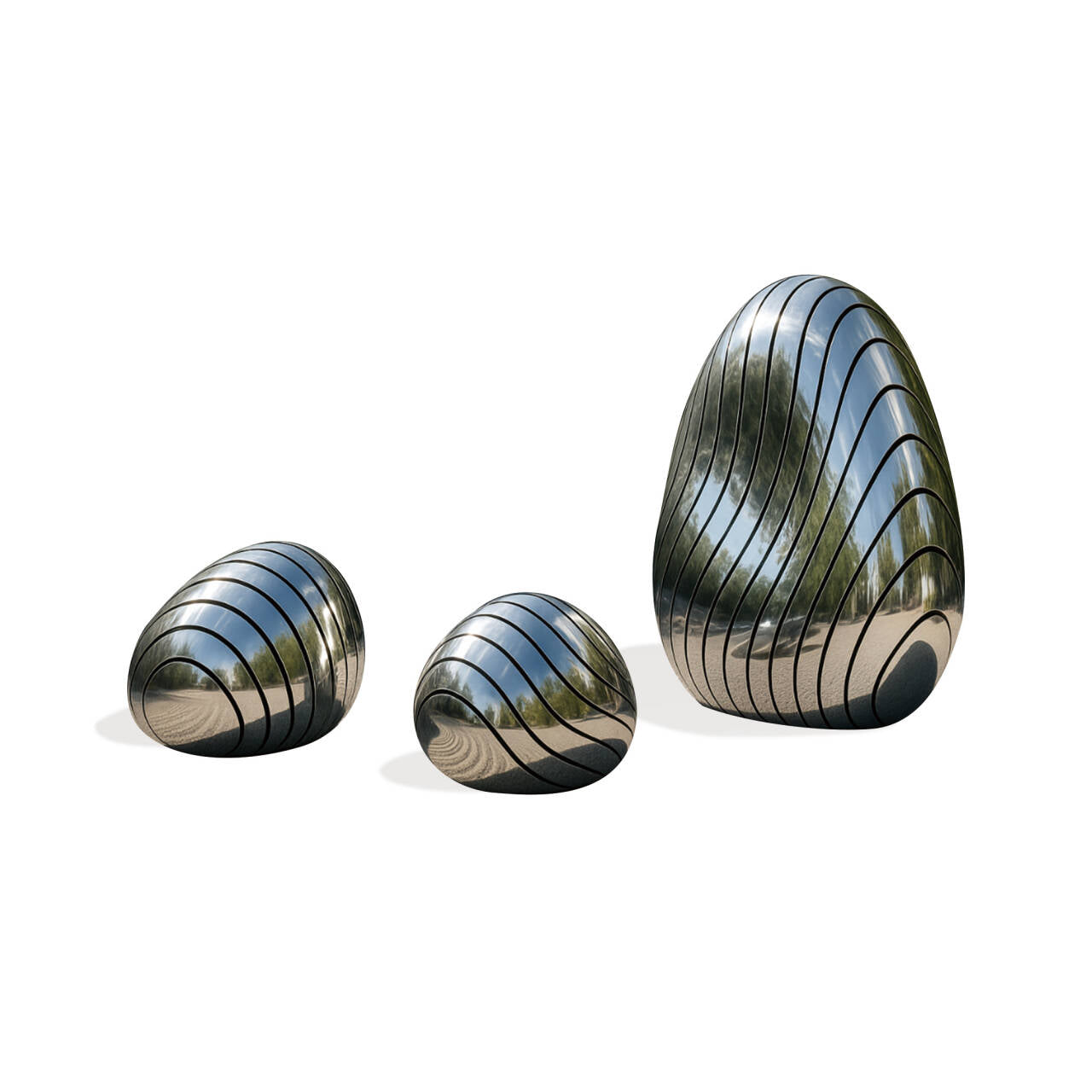 Mirror finish stainless steel sculpture set of three abstract egg/pebble forms with flowing line details, modern outdoor garden art set