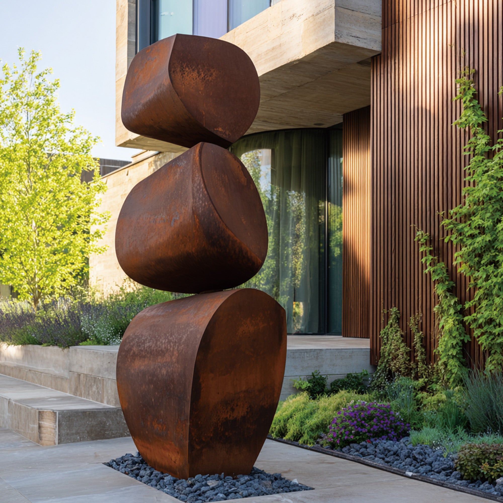 Weathering steel outdoor sculpture modern abstract stacked form installed in a contemporary garden landscape