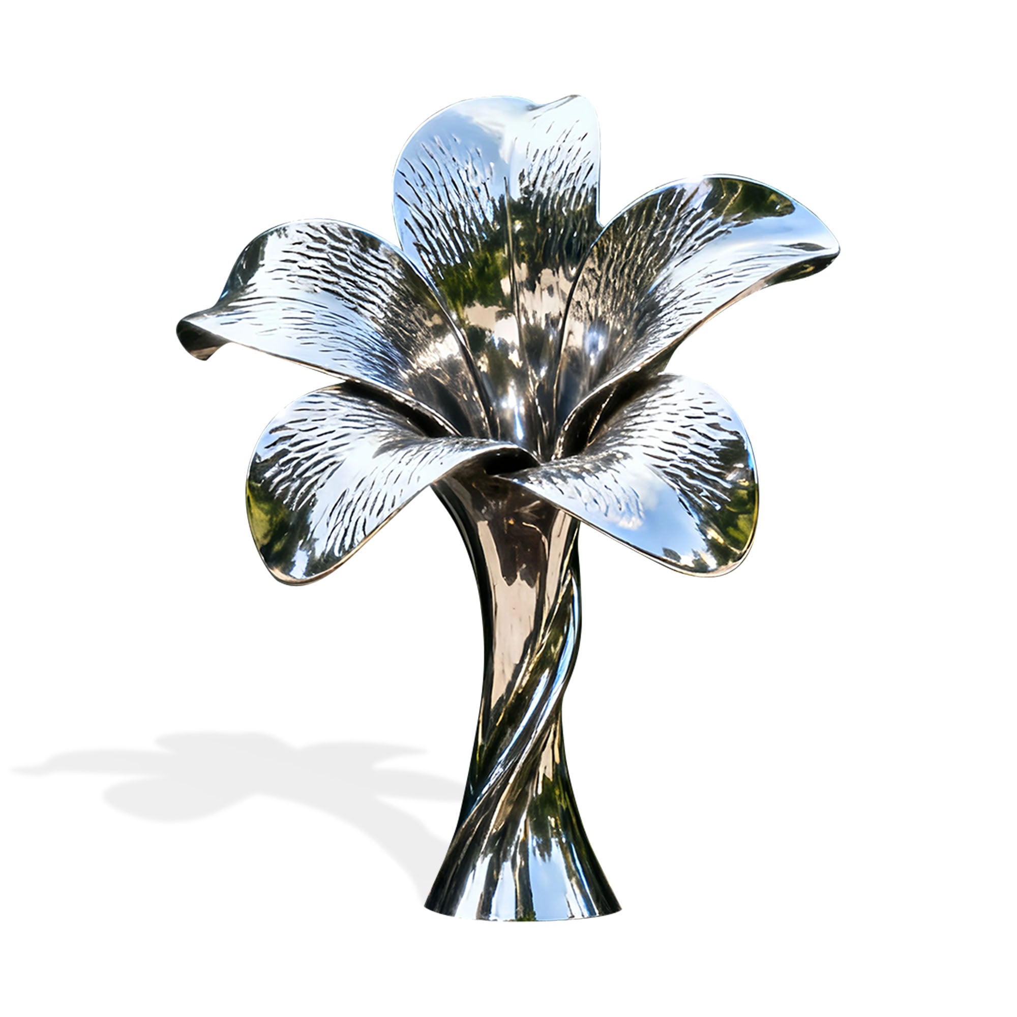 Mirror polished stainless steel flower sculpture with layered petals and twisted stem on a white background
