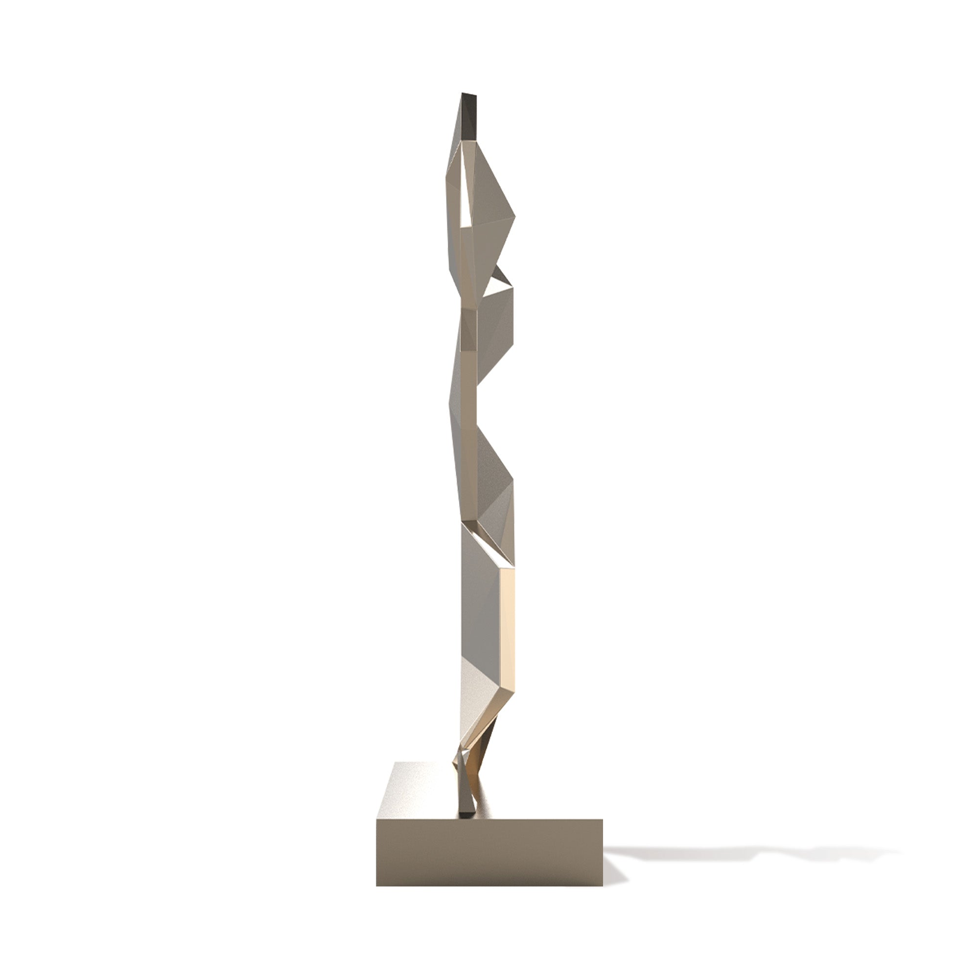 Metallic stainless steel sculpture featuring geometric shapes, designed for modern art lovers and interior design enthusiasts.