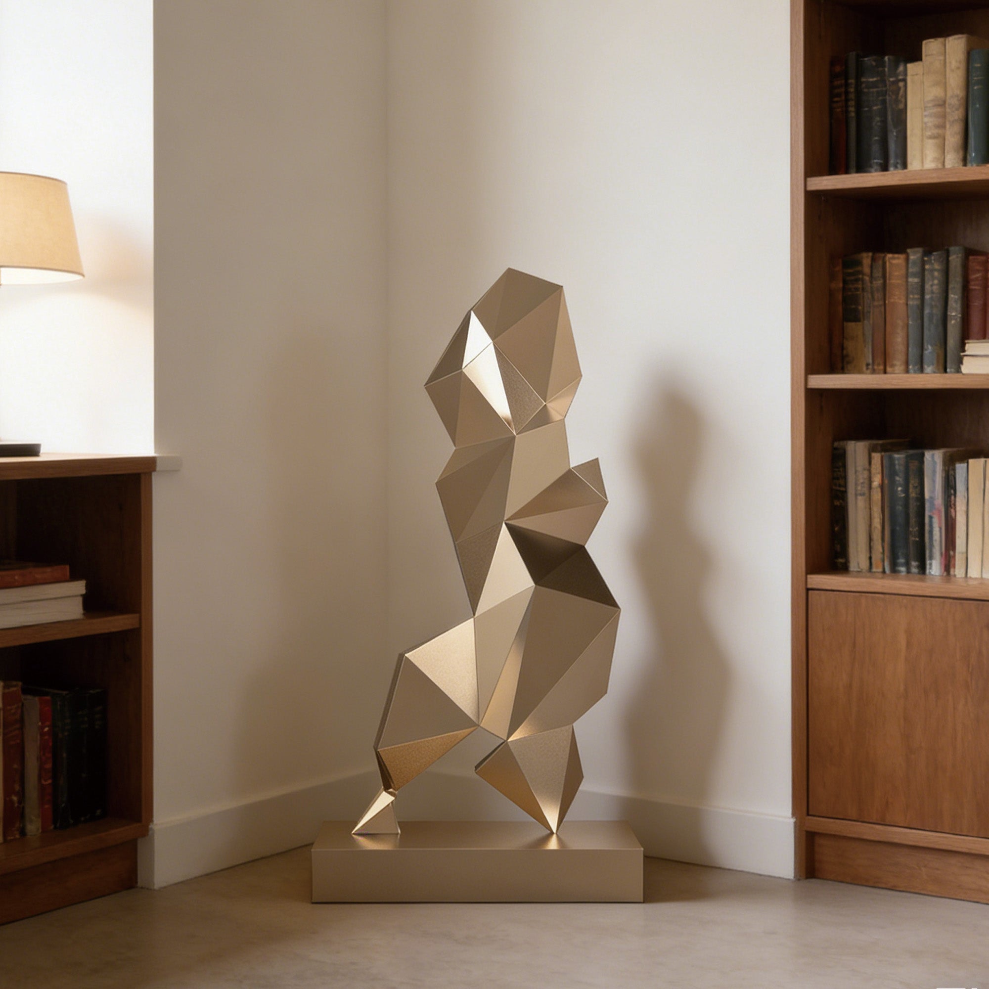 Geometric stainless steel sculpture with clean lines, ideal for office spaces looking to add elegance and sophistication.