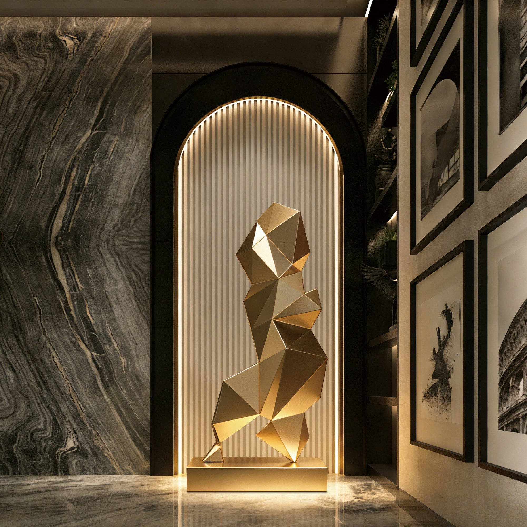 Abstract stainless steel sculpture with sleek design, perfect for modern living room décor and interior enhancement.